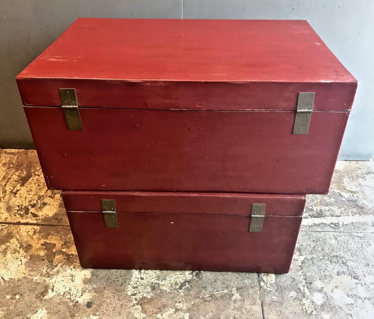 This large Chinese pigskin lacquered trunk dates to the early 20th century. The cinnabar lacquer is in overall good condition with wear to the bottom edges. The brass hardware is all present. This larger size would make an interesting coffee table.
