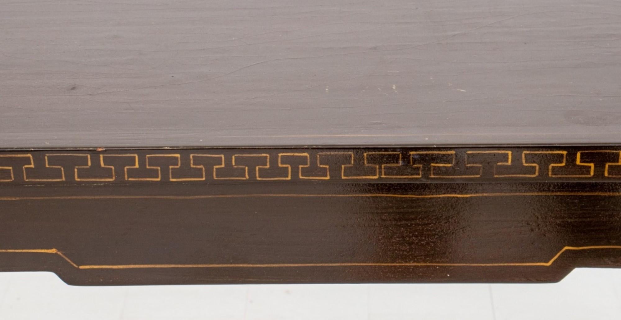 The dimensions for the Chinese lacquered wood console table with scrolled ends and Greek key design are approximately:

Height: 33 inches
Width: 72 inches
Depth: 18 inches



