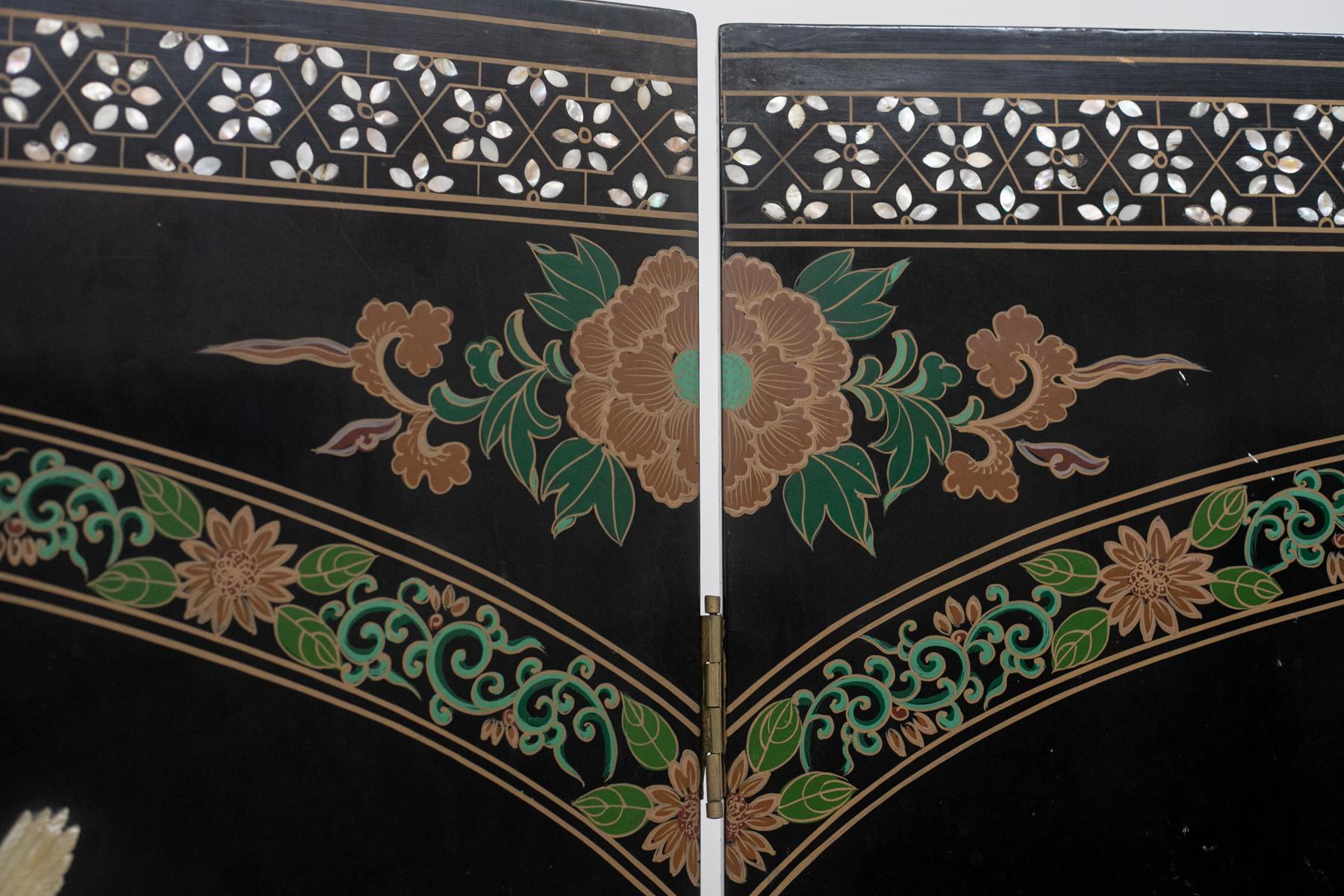 Chinese Lacquered Wood Screen with Inlaid Stones 8
