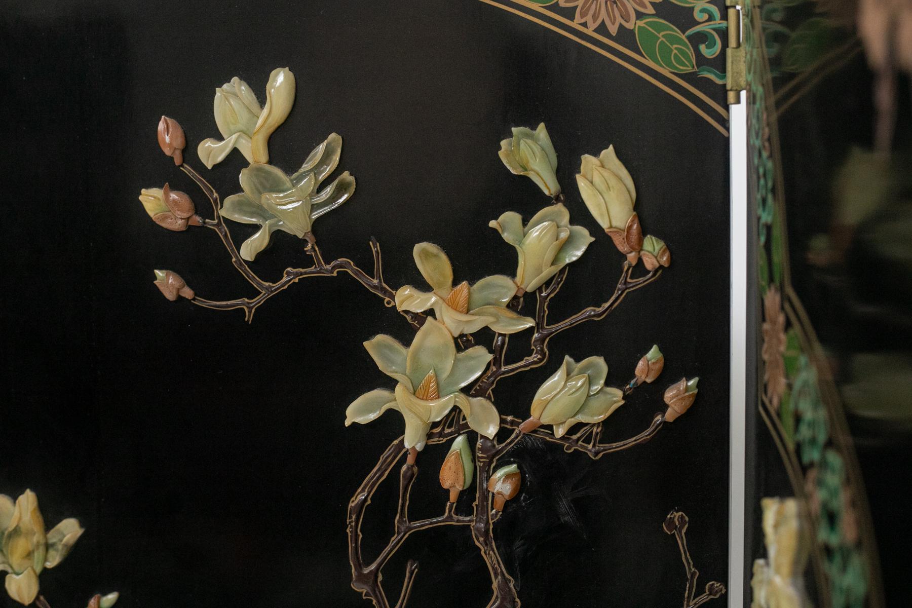 20th Century Chinese Lacquered Wood Screen with Inlaid Stones