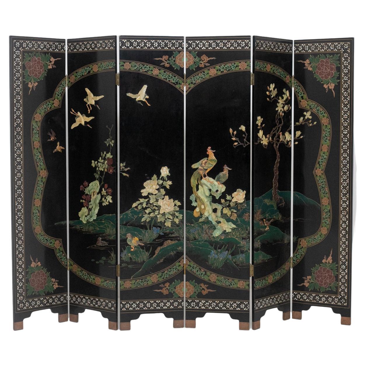 Chinese Lacquered Wood Screen with Inlaid Stones