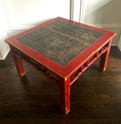 Chinese Lacquered Wood Table Stone Top with Carved Essay