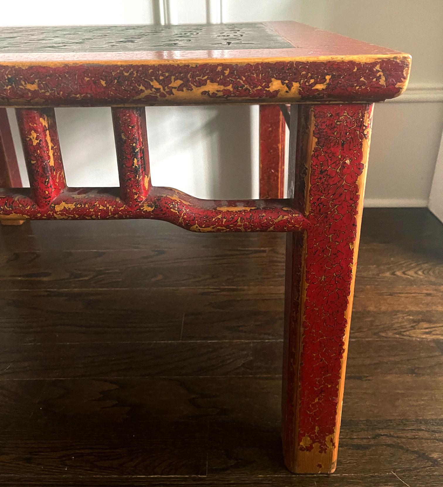 Chinese Lacquered Wood Table Stone Top with Carved Essay In Fair Condition For Sale In Atlanta, GA