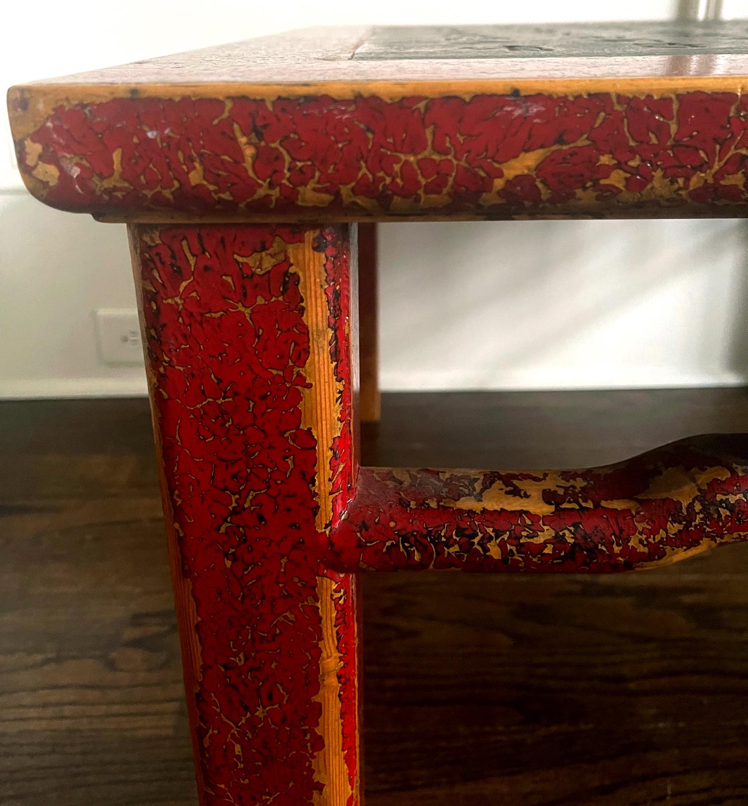 19th Century Chinese Lacquered Wood Table Stone Top with Carved Essay For Sale