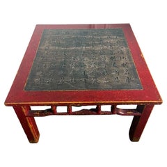 Chinese Lacquered Wood Table Stone Top with Carved Essay