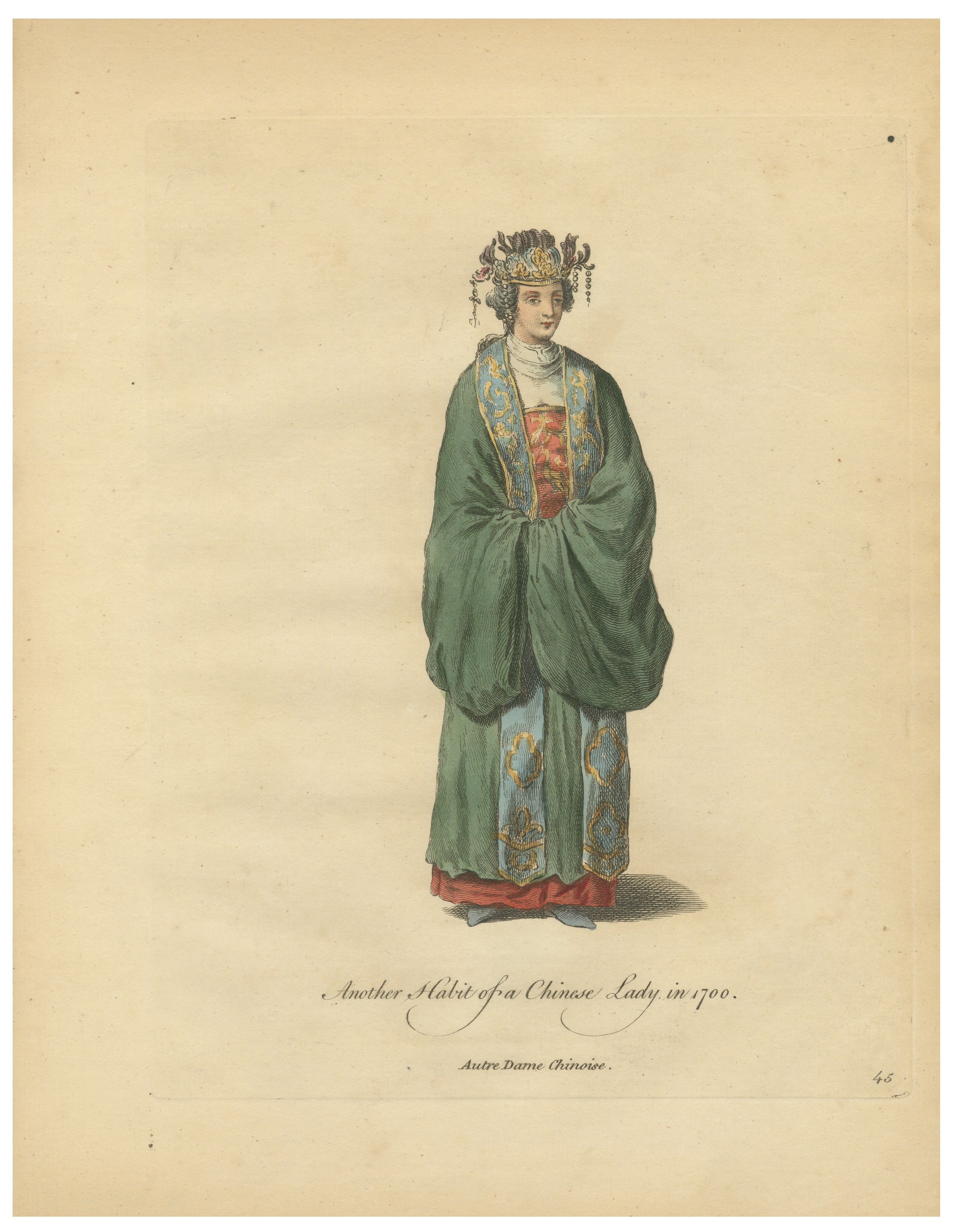 Dame chinoise en robe traditionnelle, estampe ancienne, Jefferys, 1749
