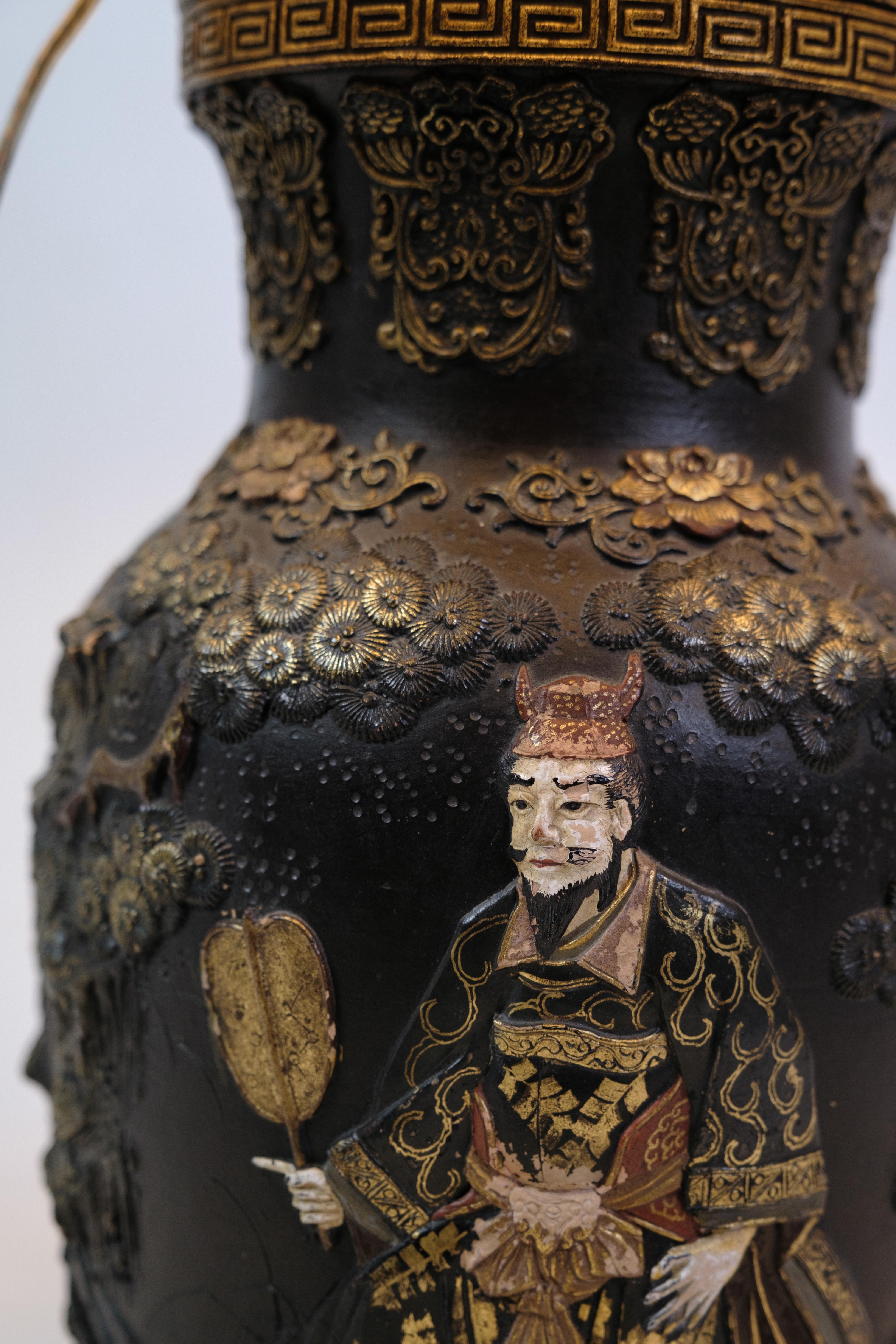 Brass Chinese Lamp, Detailed Carvings & Motif, 1920s For Sale