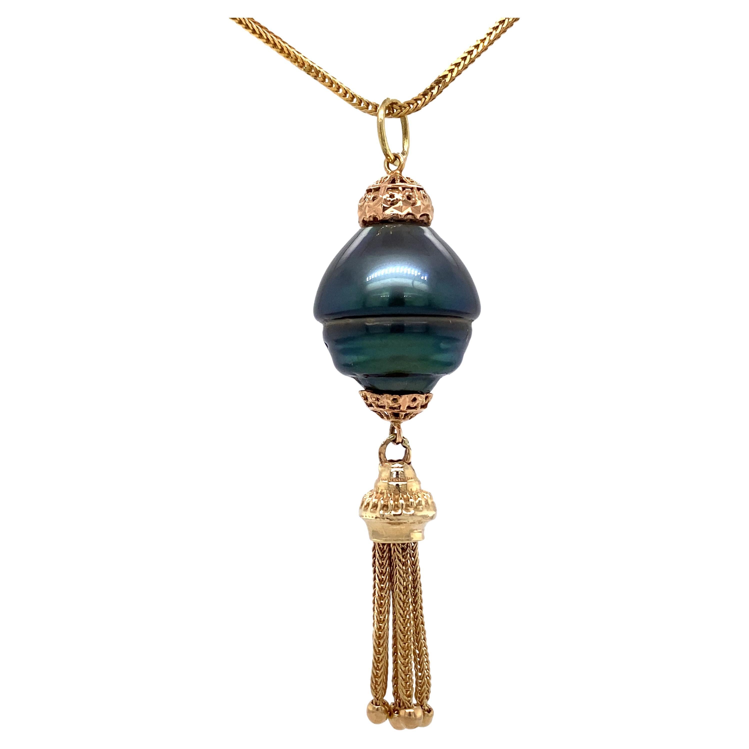 "Chinese Lantern" Tahitian Pearl Tassel Fob in 14k & 18k Gold with Chain For Sale