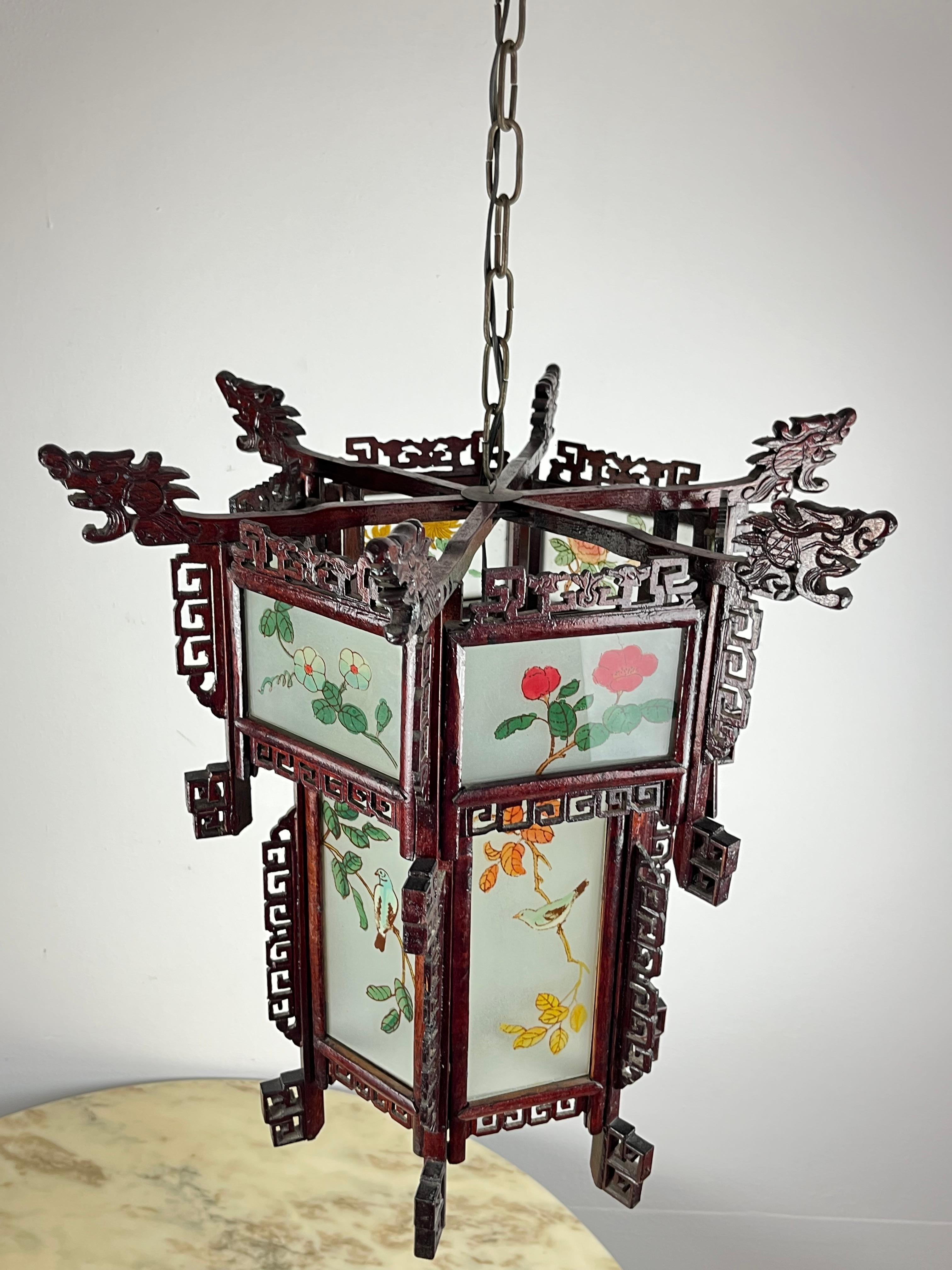 Other Chinese Lantern Chandelier in Wood and Decorated Glass, 1930s For Sale