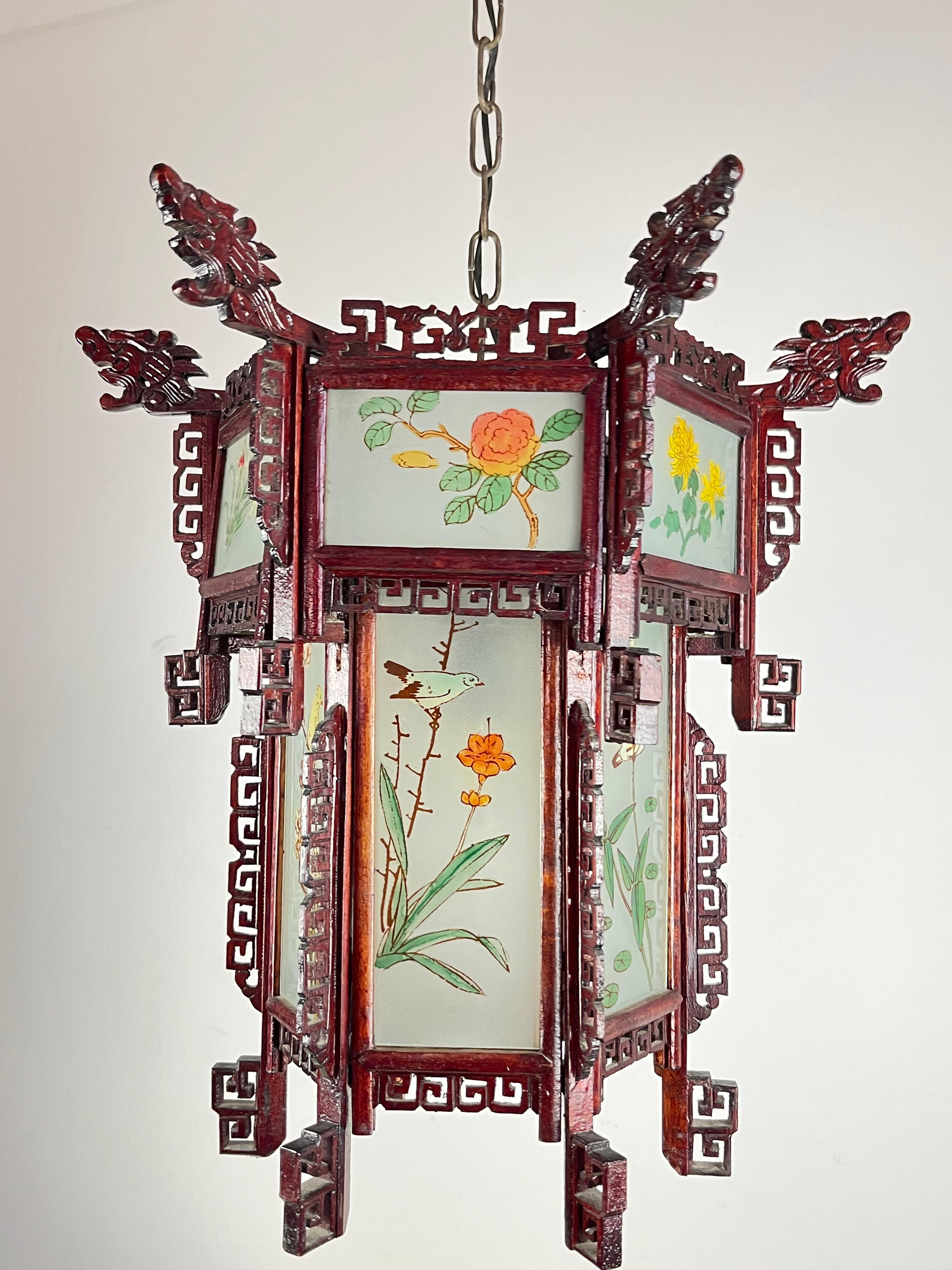 Mid-20th Century Chinese Lantern Chandelier in Wood and Decorated Glass, 1930s For Sale