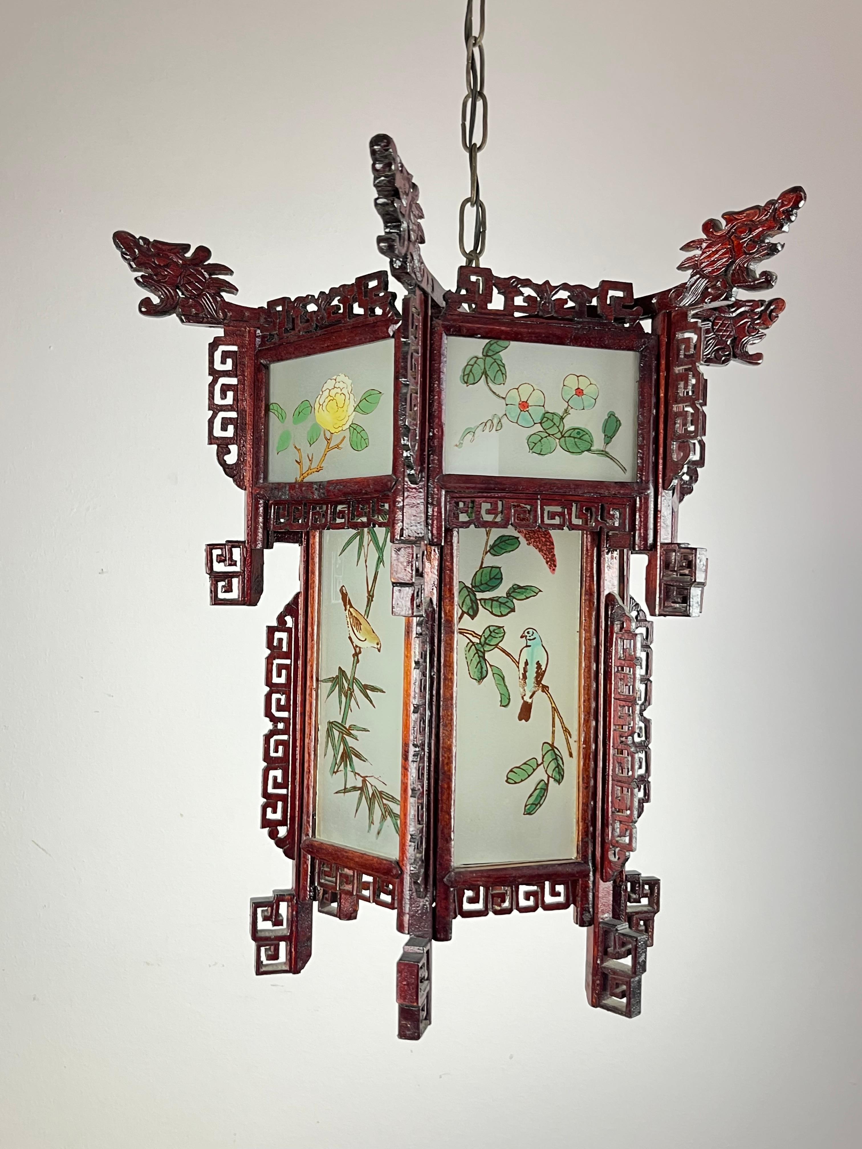 Chinese Lantern Chandelier in Wood and Decorated Glass, 1930s For Sale 1