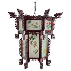 Vintage Chinese Lantern Chandelier in Wood and Decorated Glass, 1930s