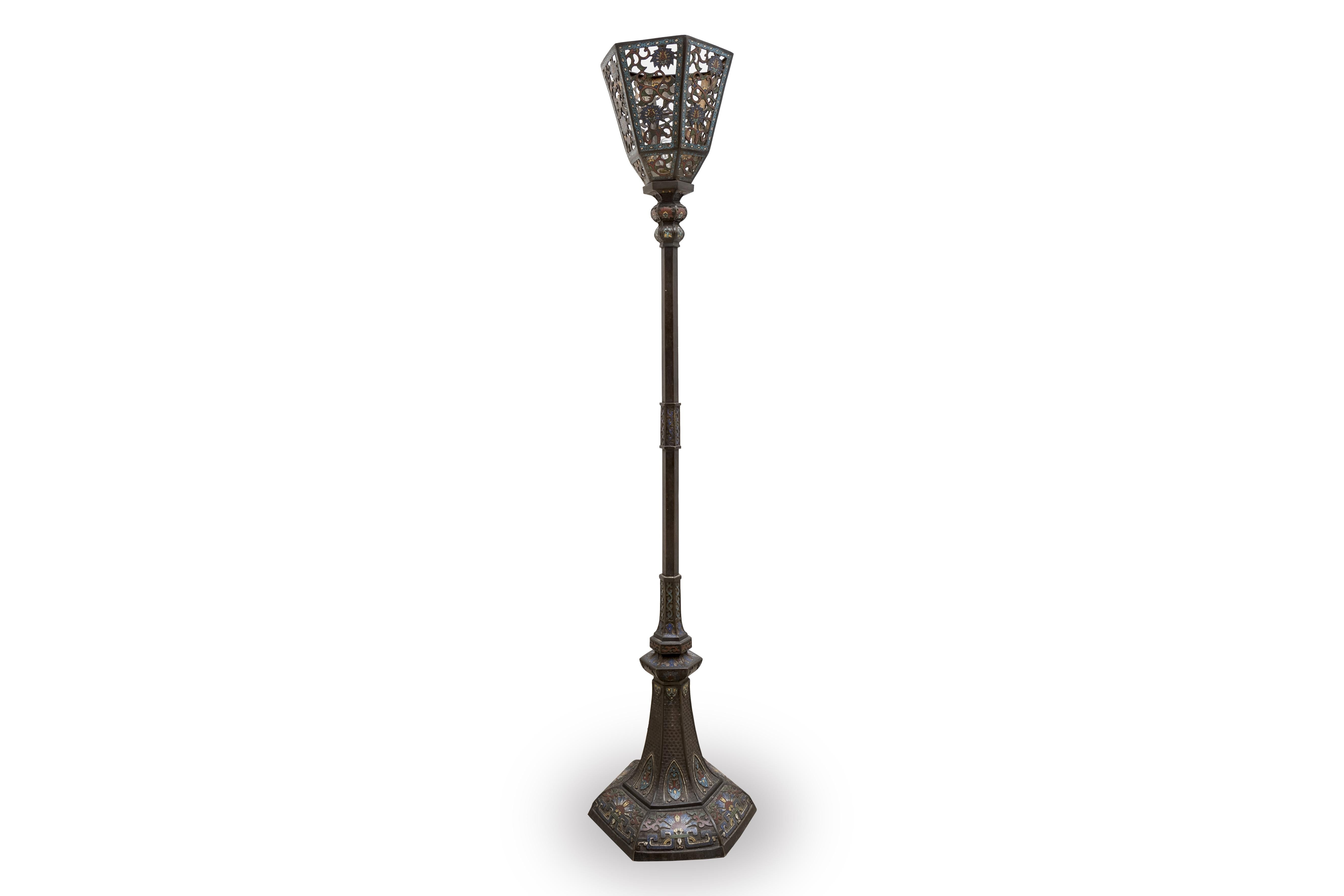 Chinese Japanese lantern in cast iron decorated with colourfull enameled champleve. For Sale
