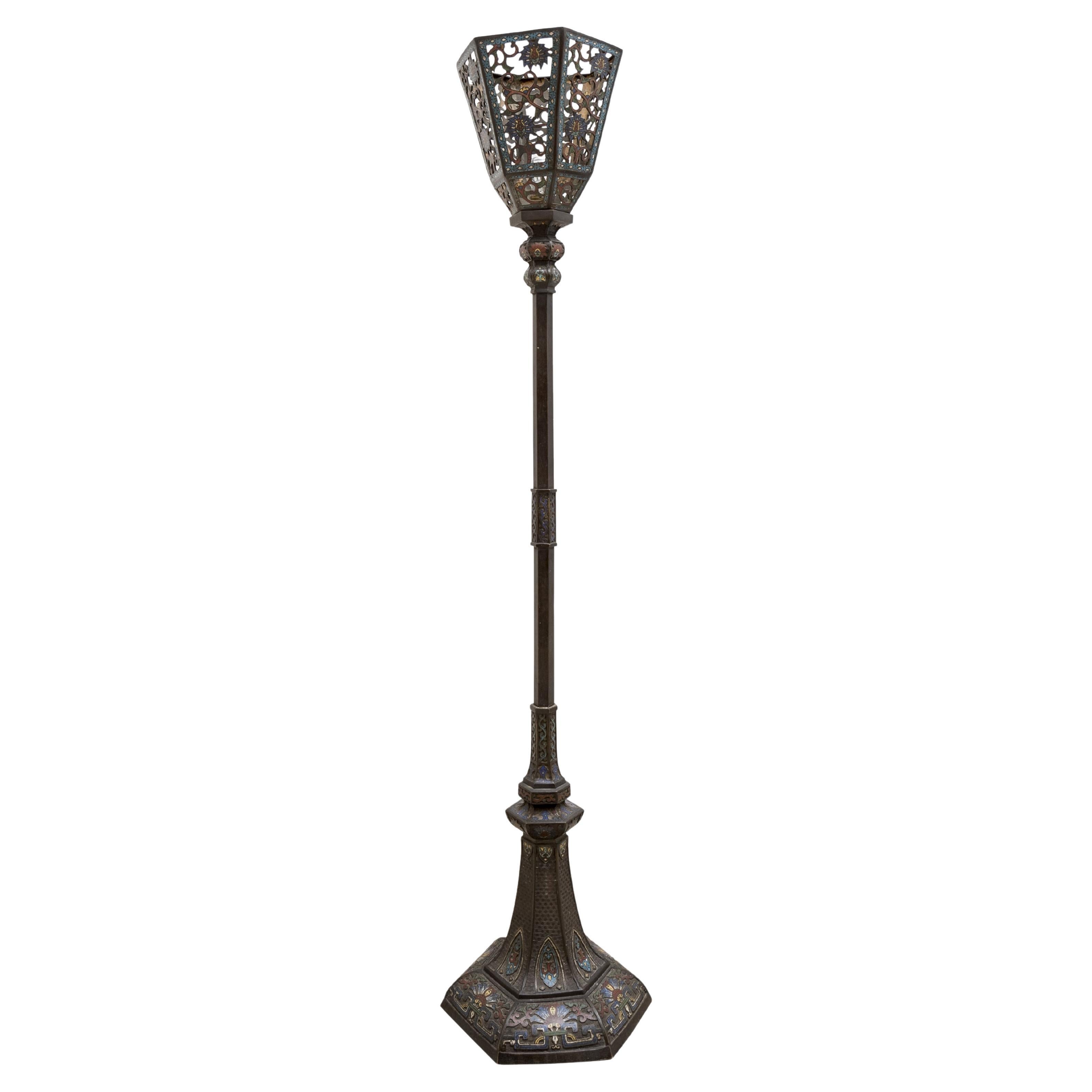 Japanese lantern in cast iron decorated with colourfull enameled champleve.