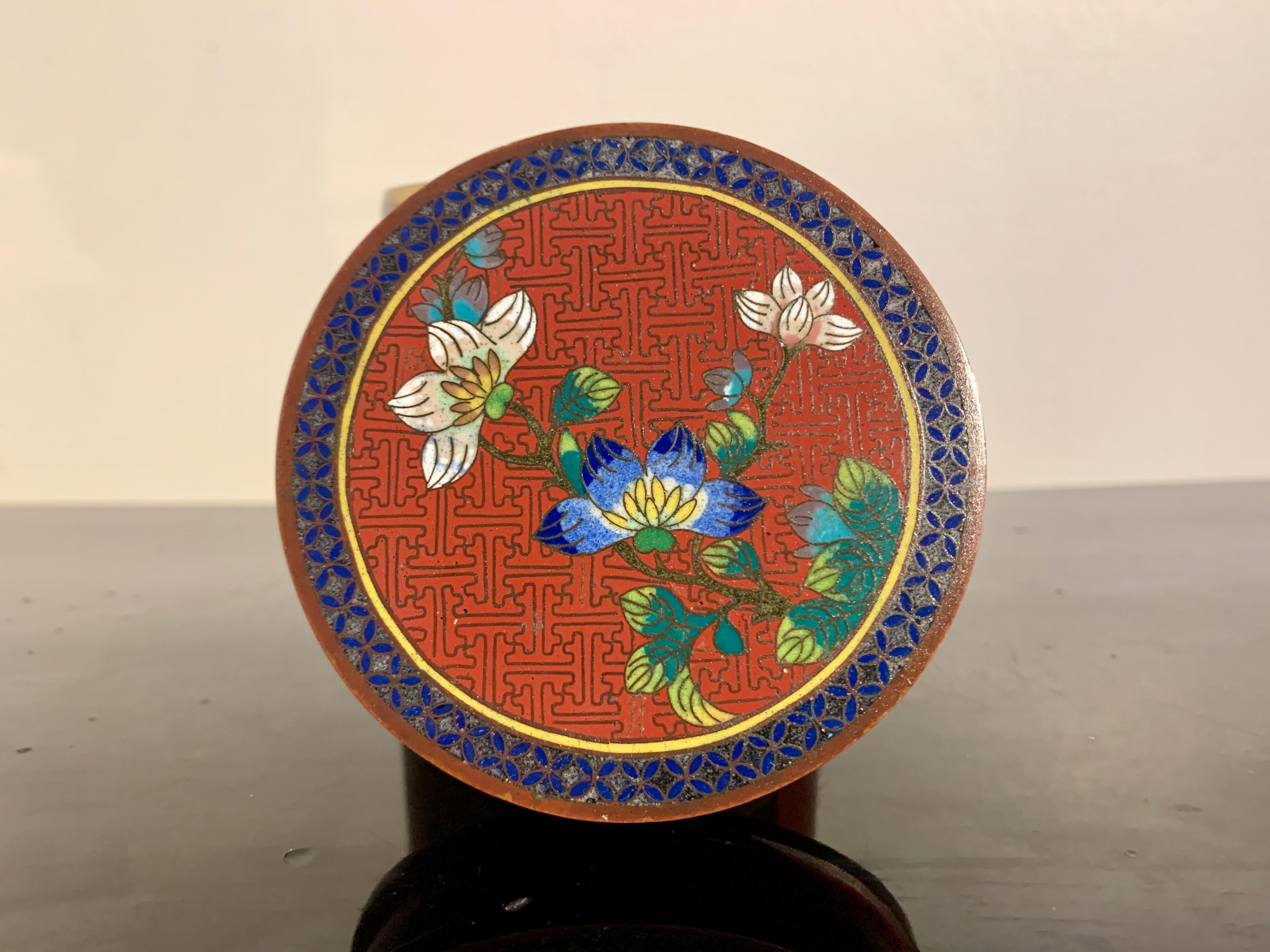 Brass Chinese Lao Tian Li Cloisonne Cylindrical Box, Late Qing Dynasty, China For Sale