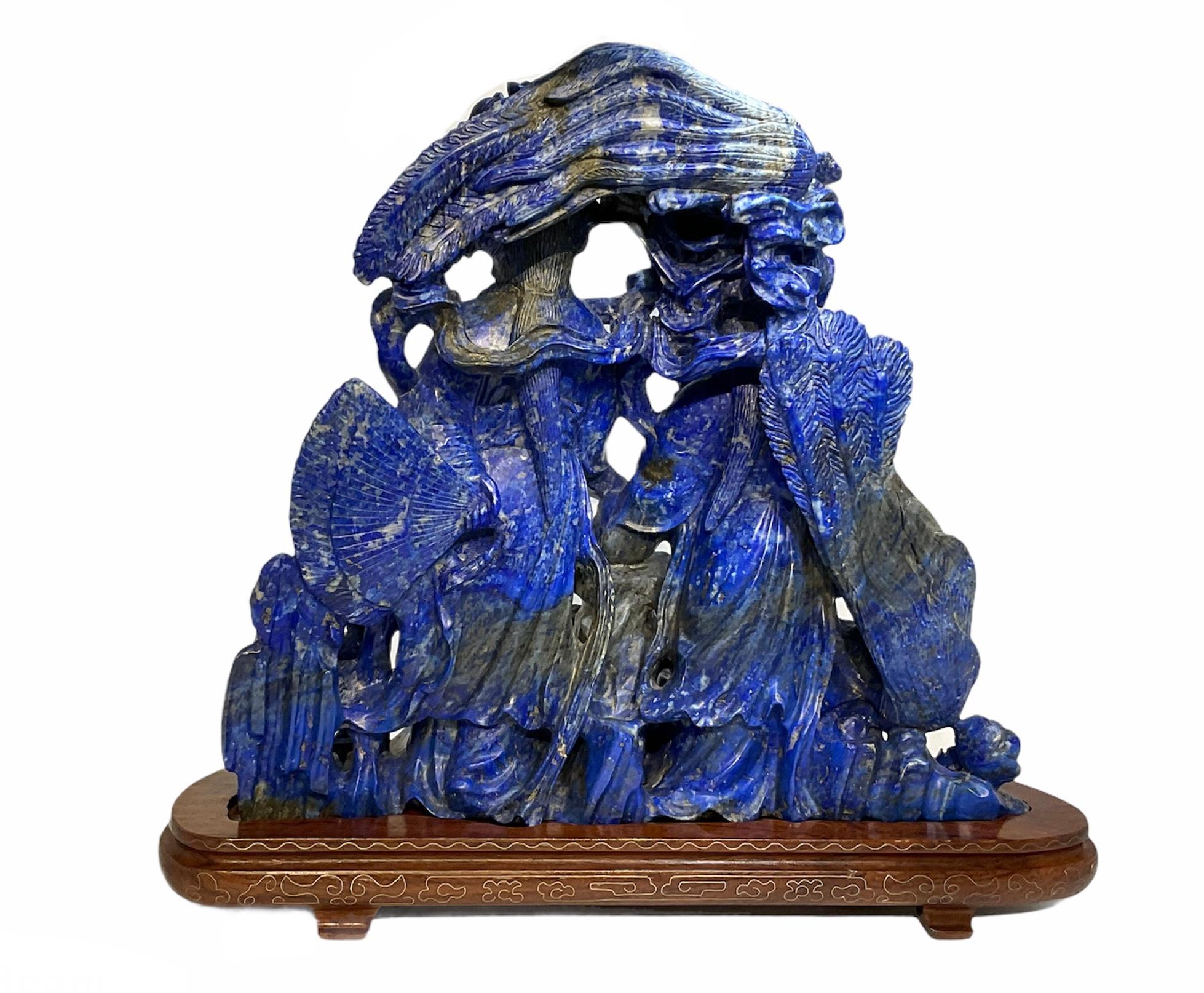 Hand-Carved Chinese Lapis Lazuli Carved Group of Figures Sculpture For Sale