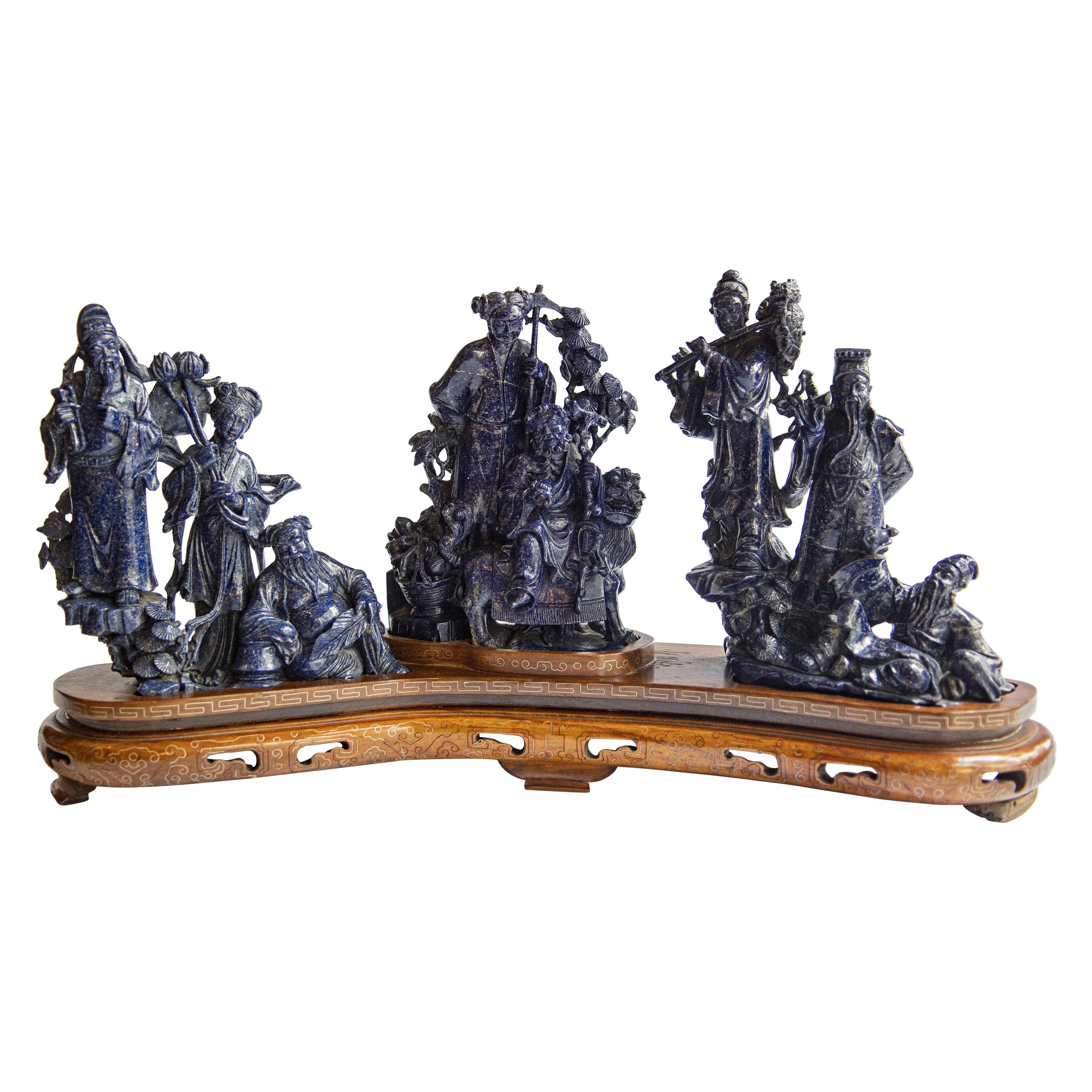 Chinese Lapislazuli Carving of "The Eight Daoist Inmortals", Mid 20th Century