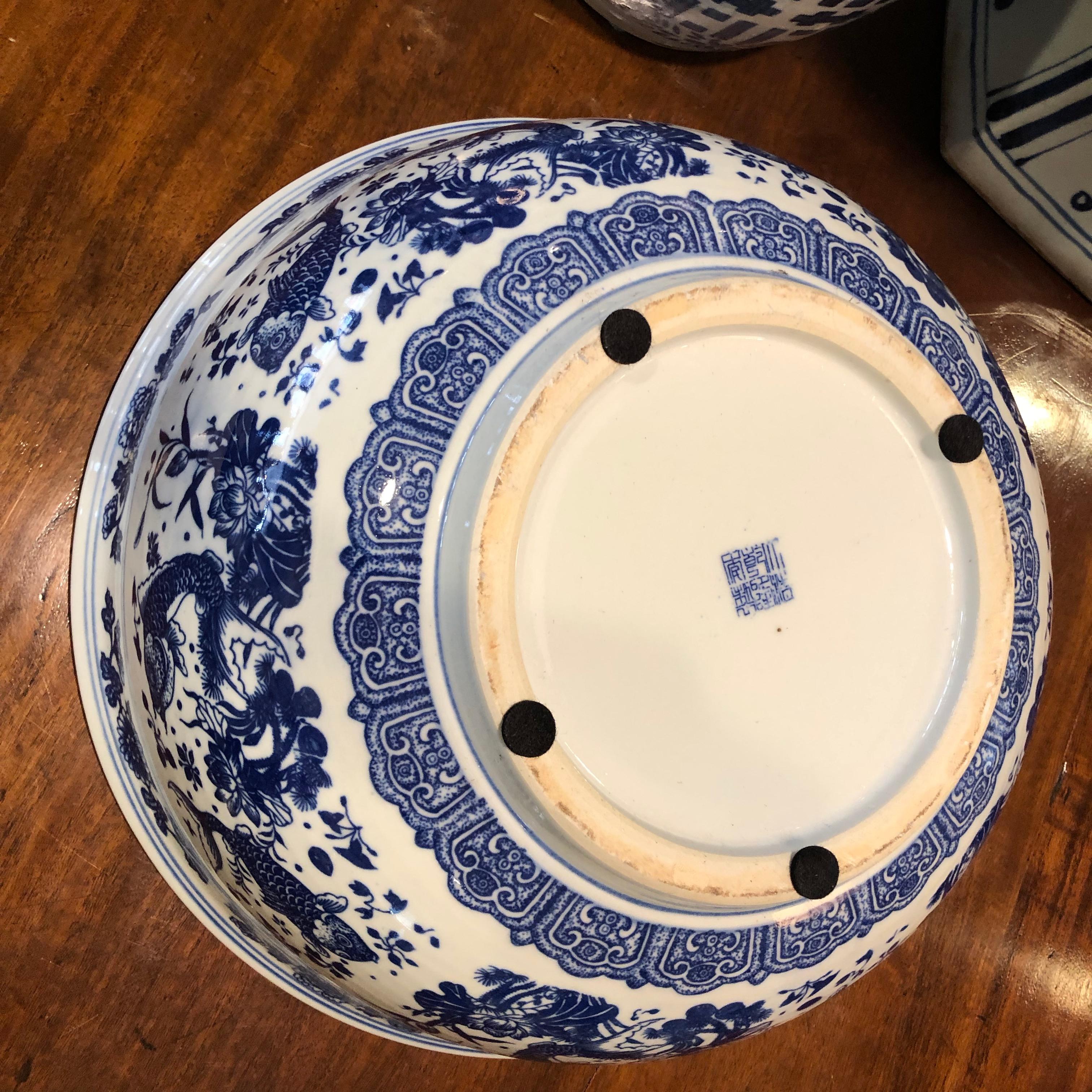 Hand-Crafted Chinese Large Blue and White Punch Bowl