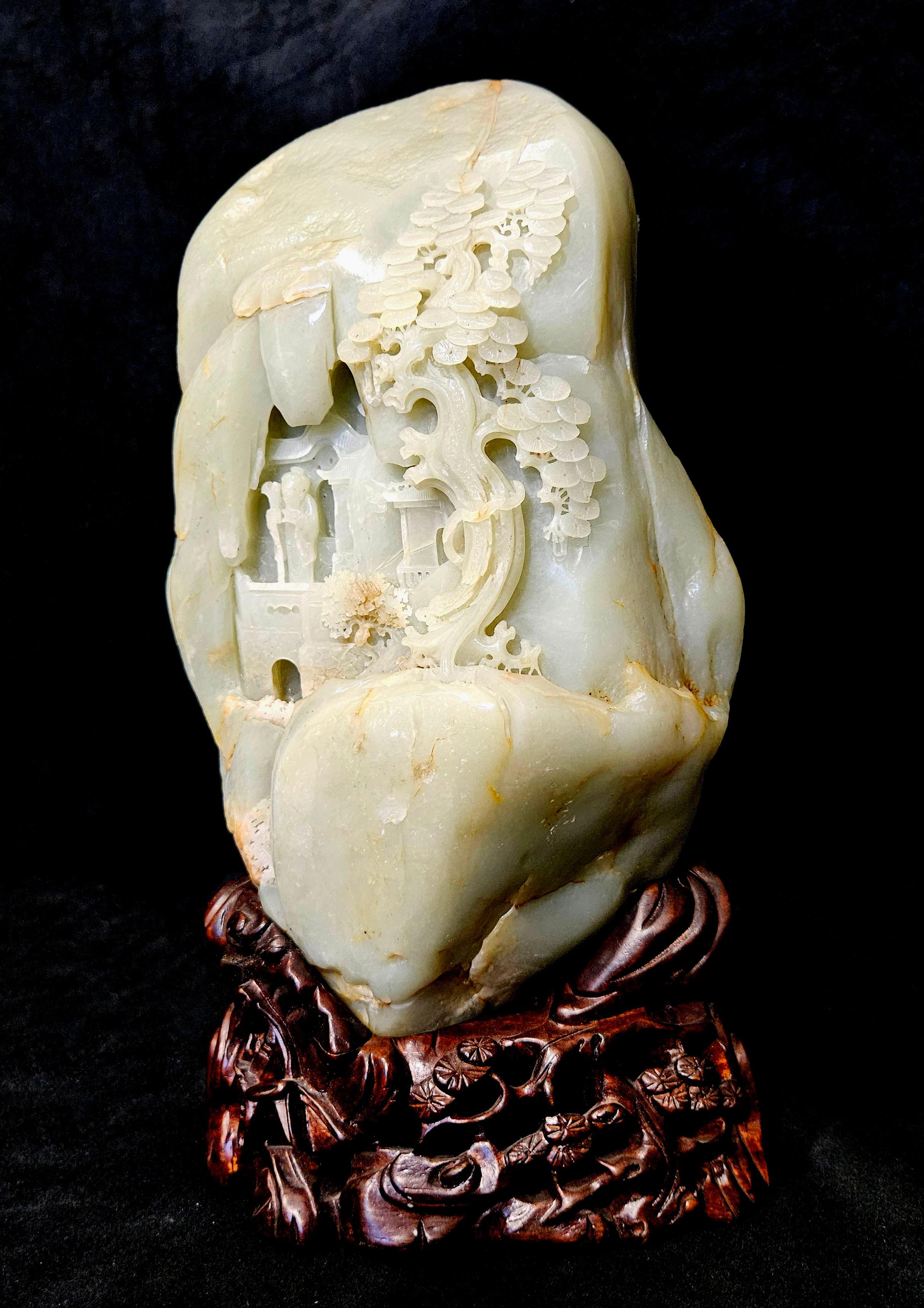 Chinesisches großes geschnitztes, großes Boulder-Leuchte Celadon/Weiße Jade mit Berglandschaftsssszene aus weißer Jade im Angebot 2