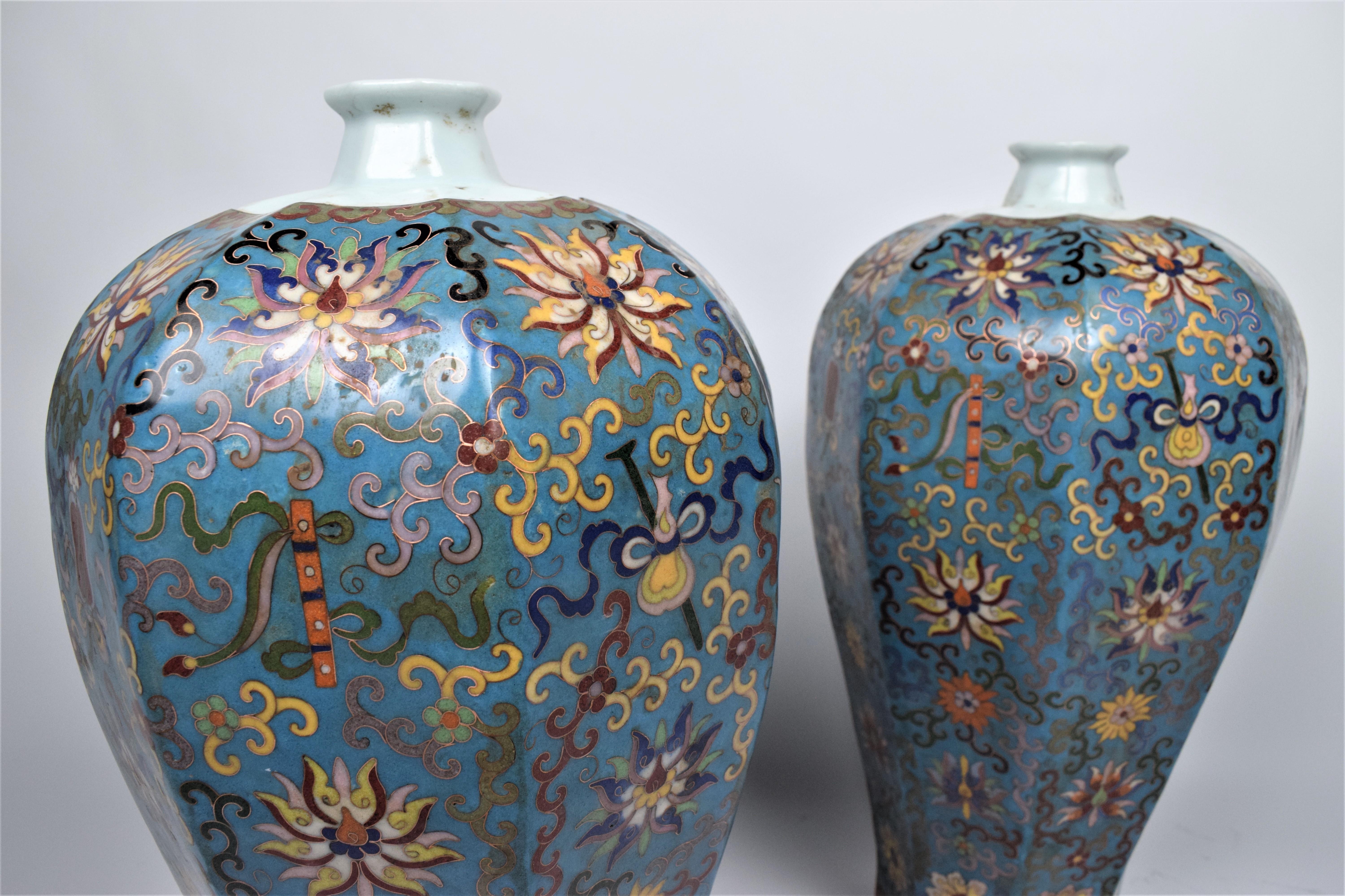 Ceramic Chinese Large Cloisonné Enamel Bottle Vases Late Qing Dynasty, 19th Century For Sale