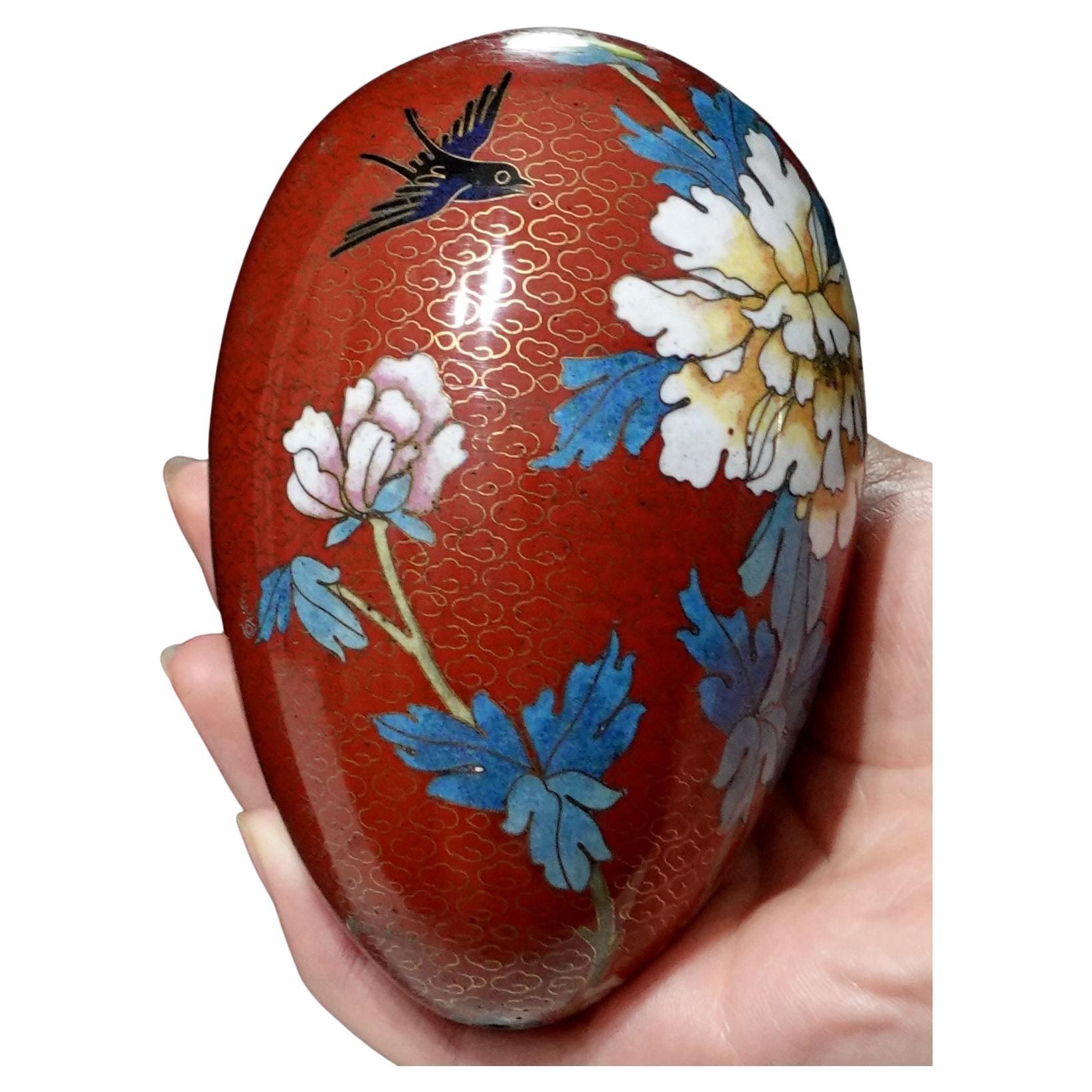 Chinese Large Cloisonné Enamel Egg "Flowers" with Wood Stand #12 For Sale