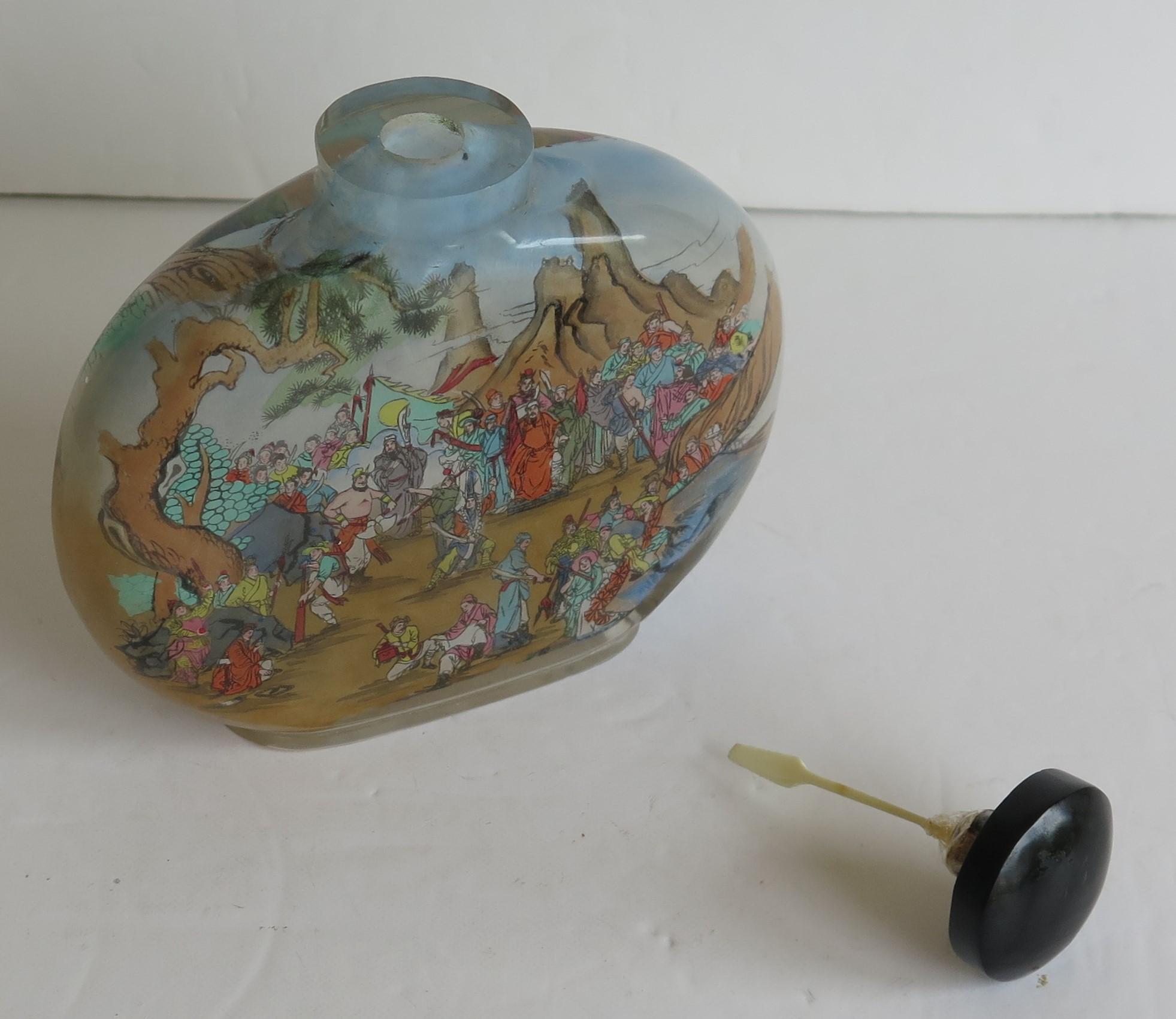 Hand-Painted Chinese Large Glass Snuff Bottle Inside Painted Spoon Top with Box, Mid 20th C For Sale