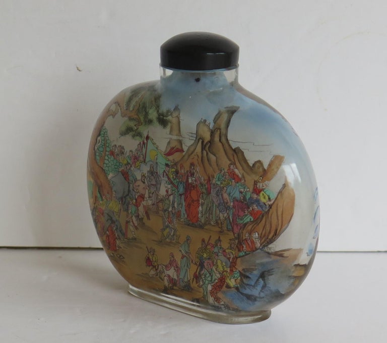 Chinese Large Glass Snuff Bottle Inside Painted Spoon Top & Box, Mid 20th C For Sale 1