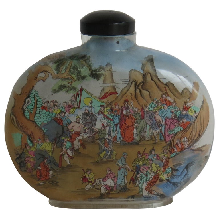 Chinese Large Glass Snuff Bottle Inside Painted Spoon Top & Box, Mid 20th C For Sale
