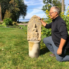 Chinese Large Old Stone "Buddha" of Compassion Triad, Private Family Shrine