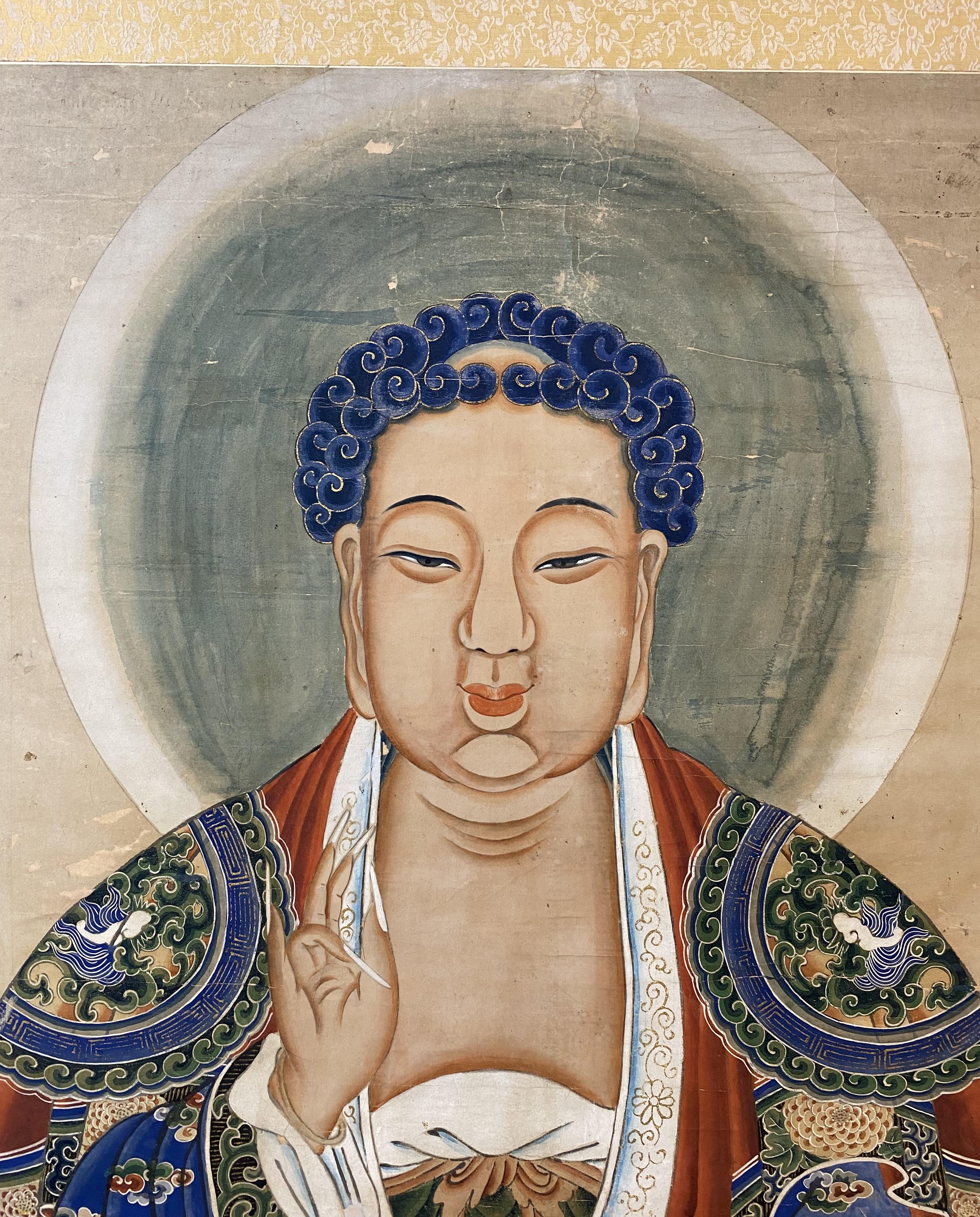 Chinese Large Pigment on Paper Portrait of Buddha with Ebonized & Giltwood Frame In Good Condition In Milford, NH