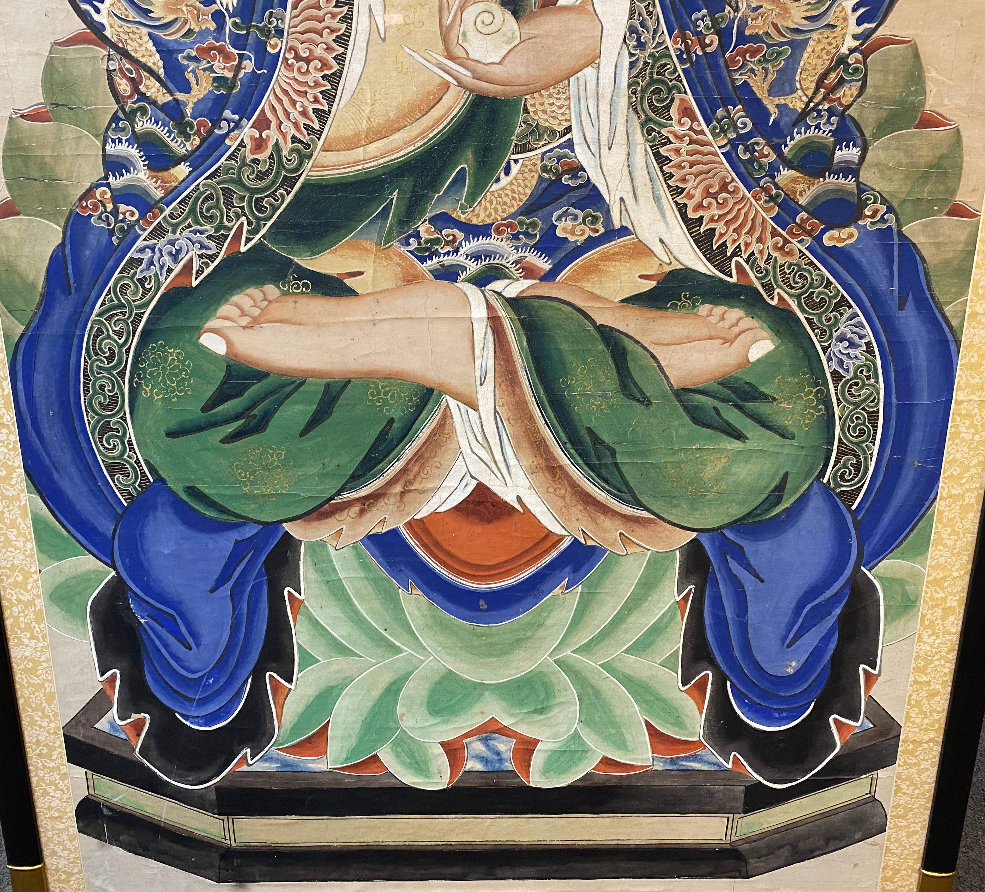 Silk Chinese Large Pigment on Paper Portrait of Buddha with Ebonized & Giltwood Frame