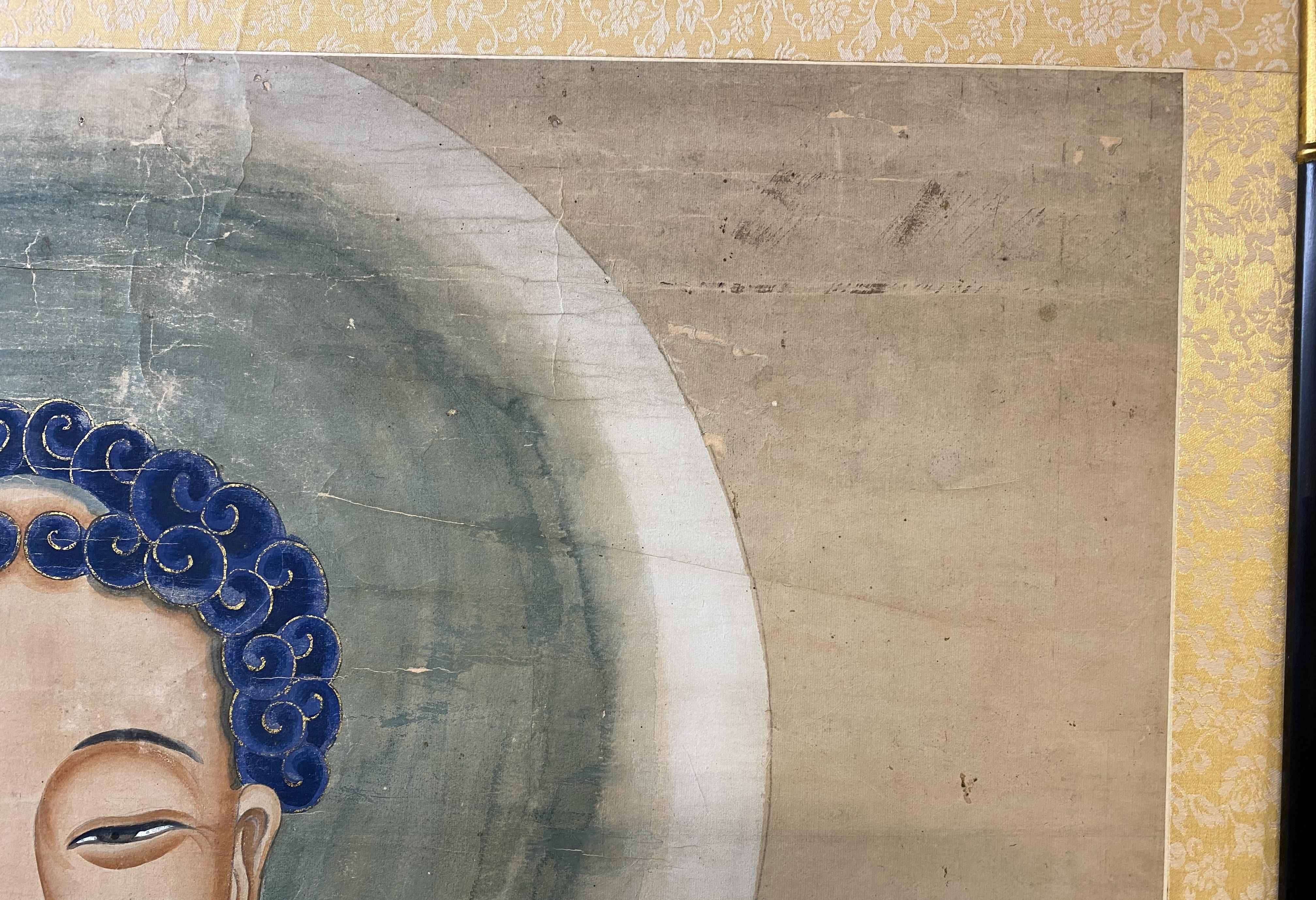 Chinese Large Pigment on Paper Portrait of Buddha with Ebonized & Giltwood Frame 1