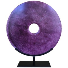 Chinese Large Purple Jade Disc Sculpture on Stand, 20th Century