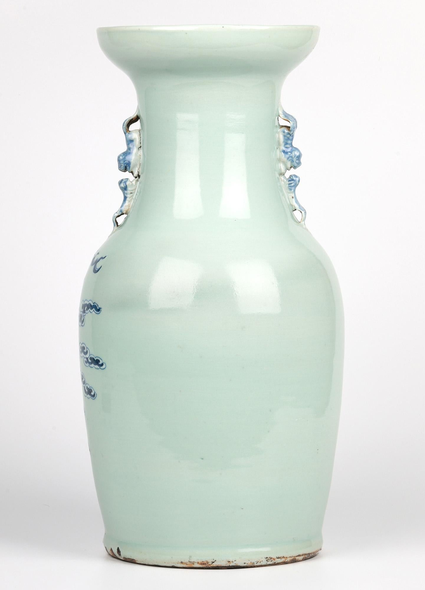 Chinese Large Qing Celadon Ground Porcelain Vase with Dragon & Phoenix Bird For Sale 6