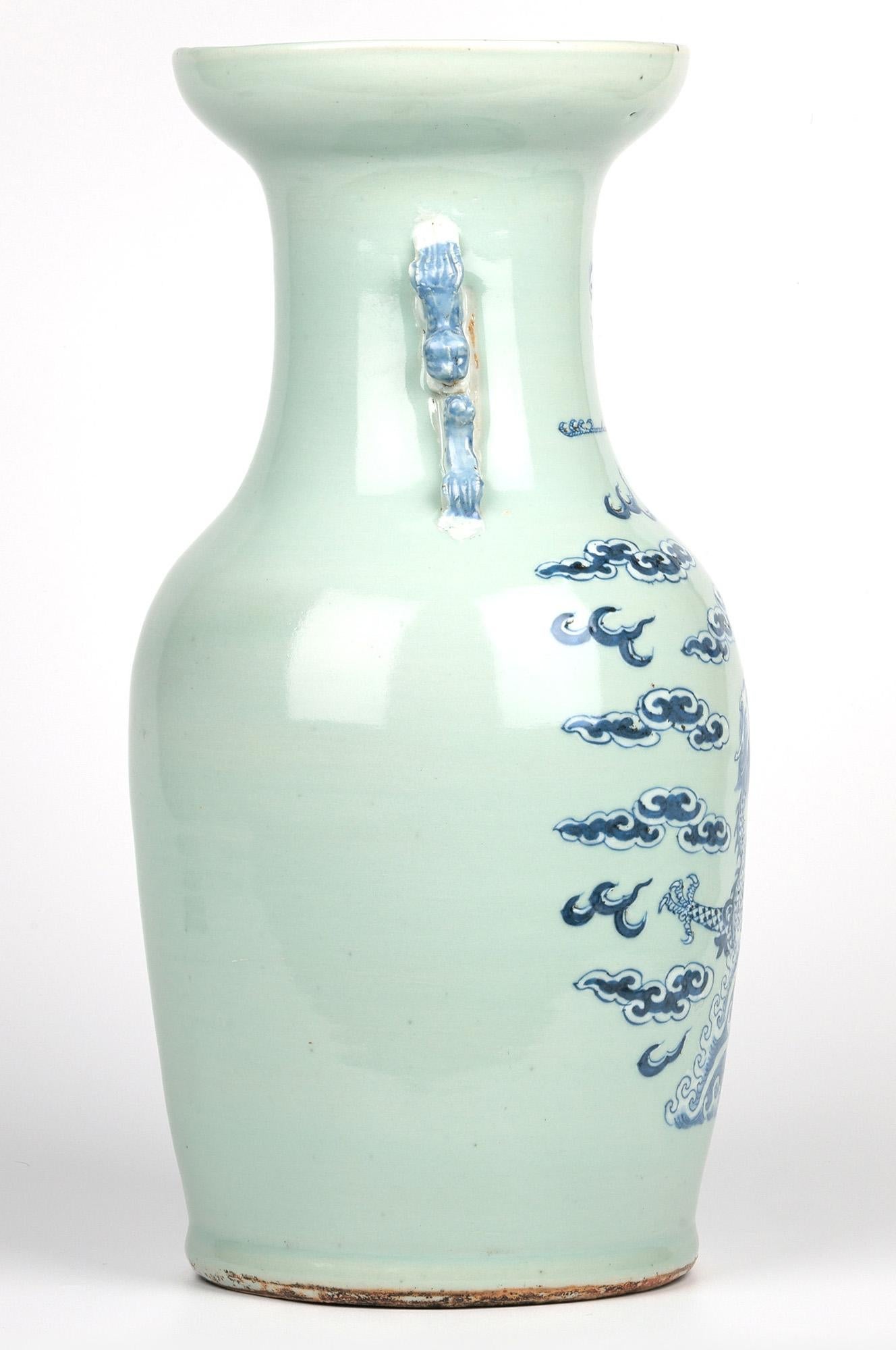 Chinese Large Qing Celadon Ground Porcelain Vase with Dragon & Phoenix Bird For Sale 9