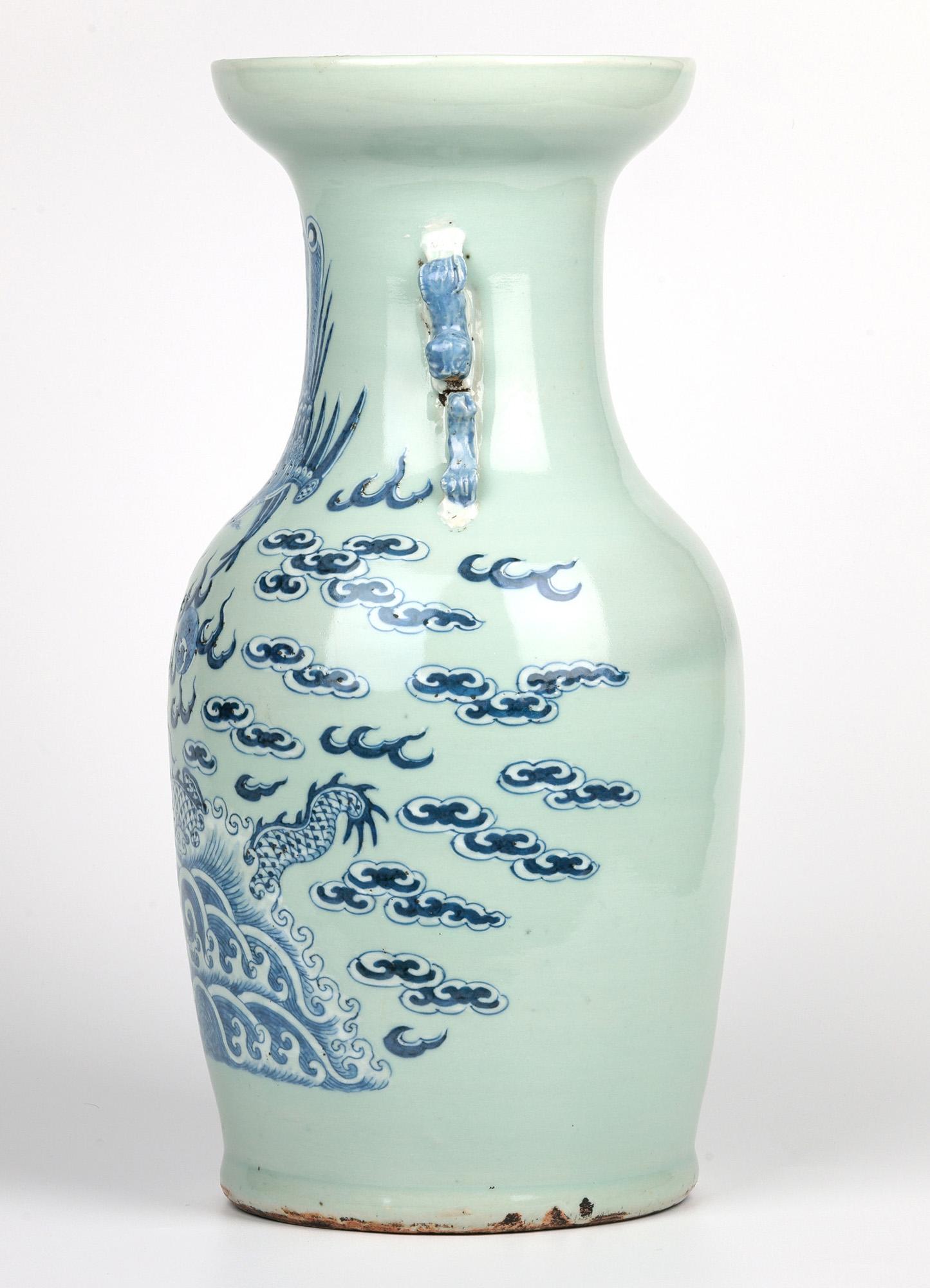 Chinese Large Qing Celadon Ground Porcelain Vase with Dragon & Phoenix Bird For Sale 11