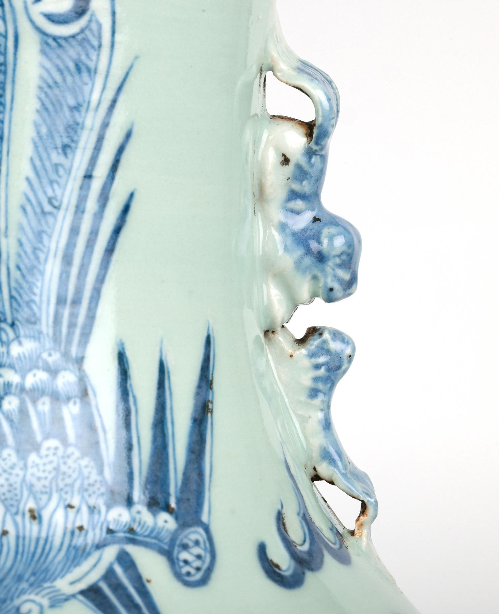 Chinese Large Qing Celadon Ground Porcelain Vase with Dragon & Phoenix Bird For Sale 14