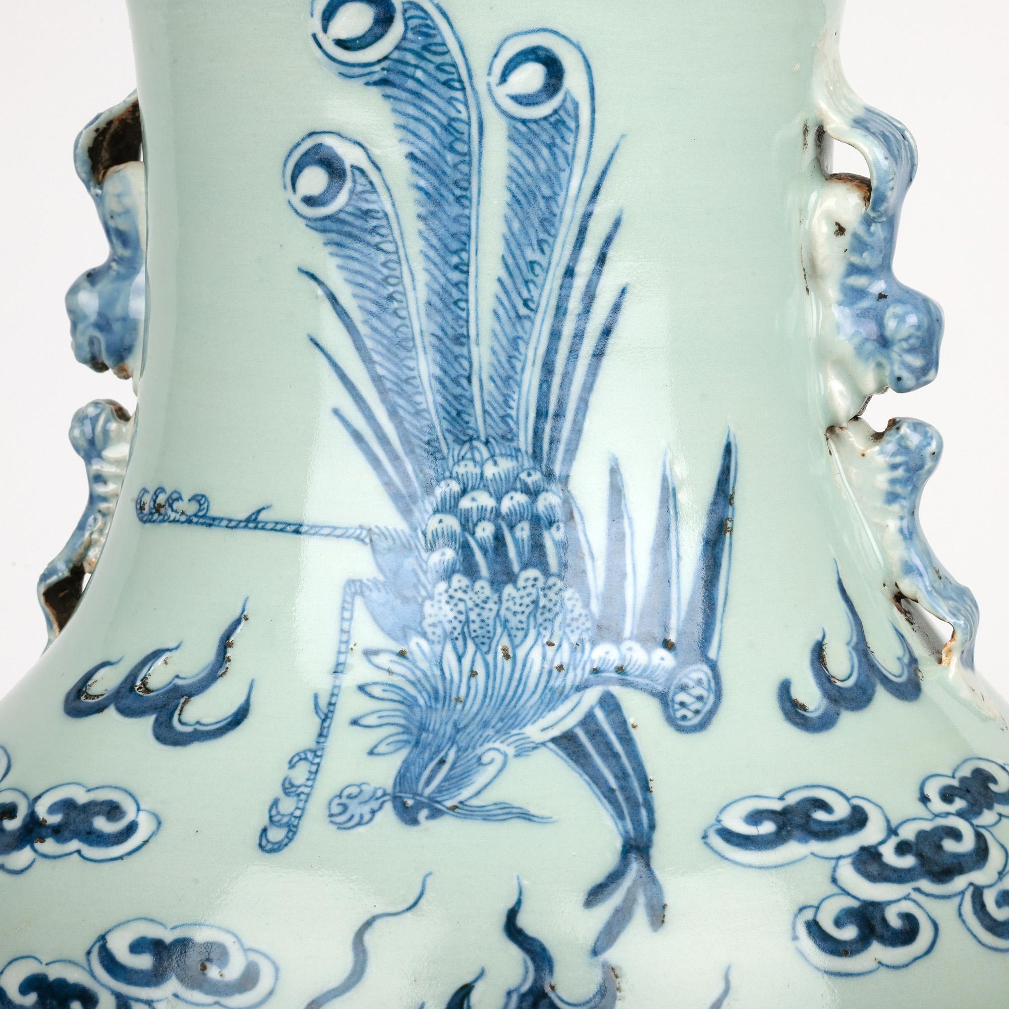 Glazed Chinese Large Qing Celadon Ground Porcelain Vase with Dragon & Phoenix Bird For Sale