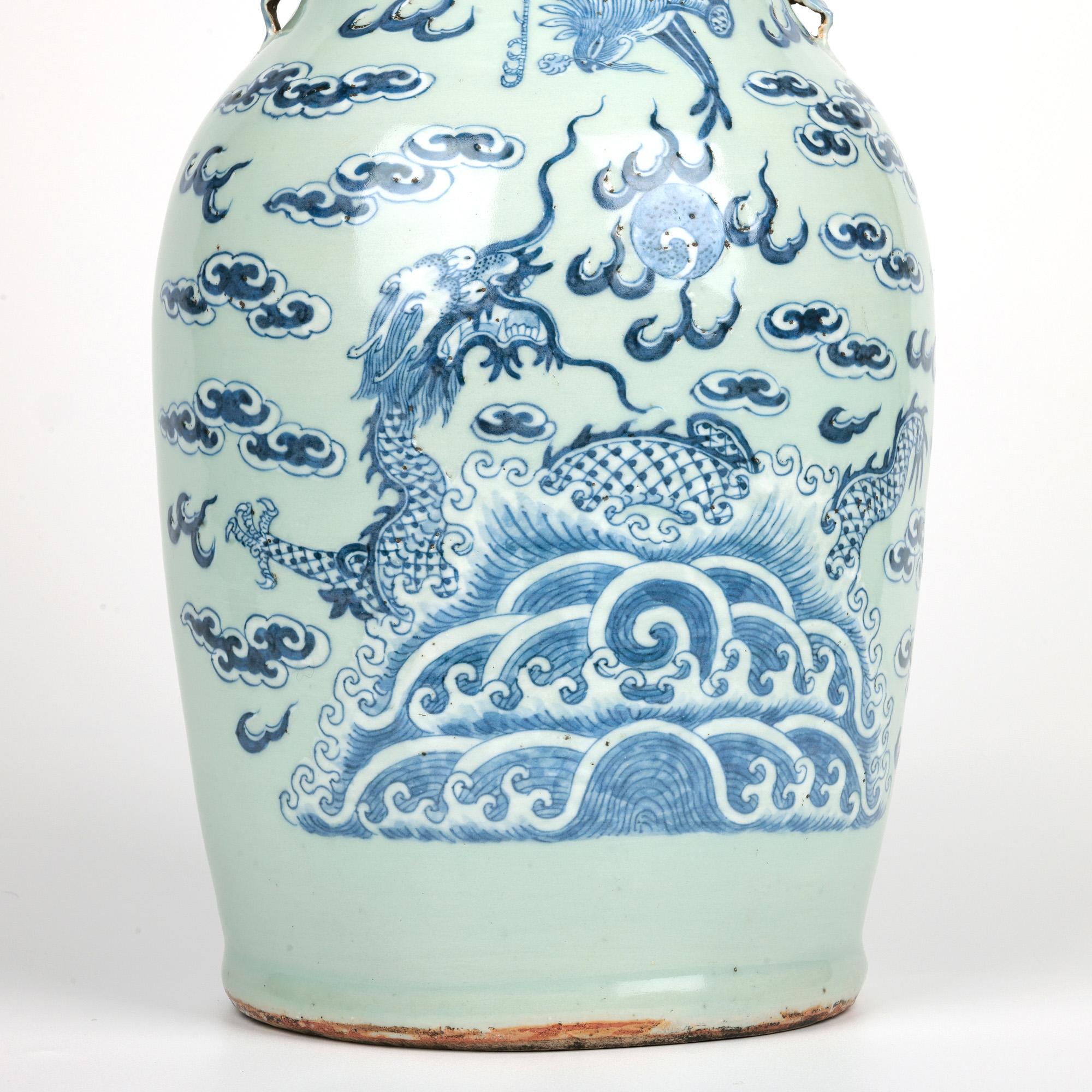 Chinese Large Qing Celadon Ground Porcelain Vase with Dragon & Phoenix Bird In Good Condition For Sale In Bishop's Stortford, Hertfordshire