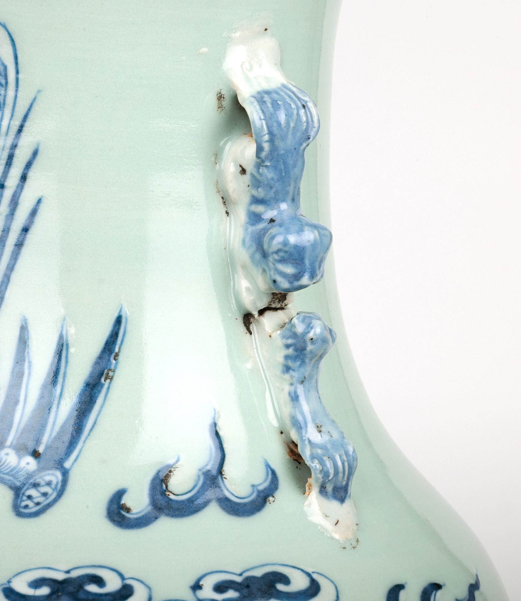 19th Century Chinese Large Qing Celadon Ground Porcelain Vase with Dragon & Phoenix Bird For Sale