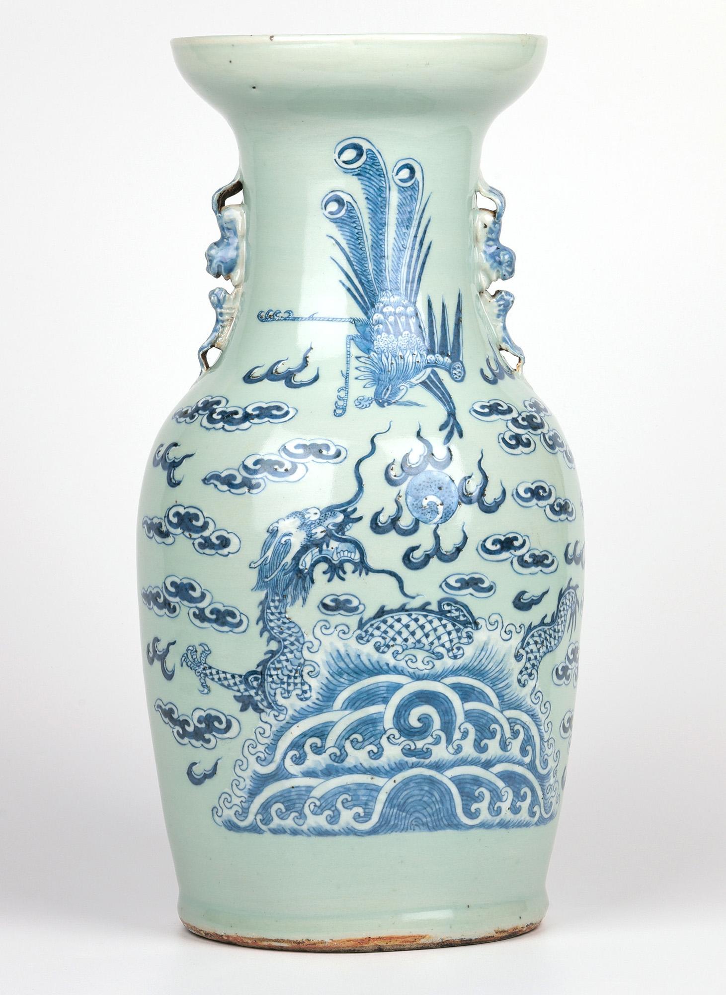 Chinese Large Qing Celadon Ground Porcelain Vase with Dragon & Phoenix Bird For Sale 1