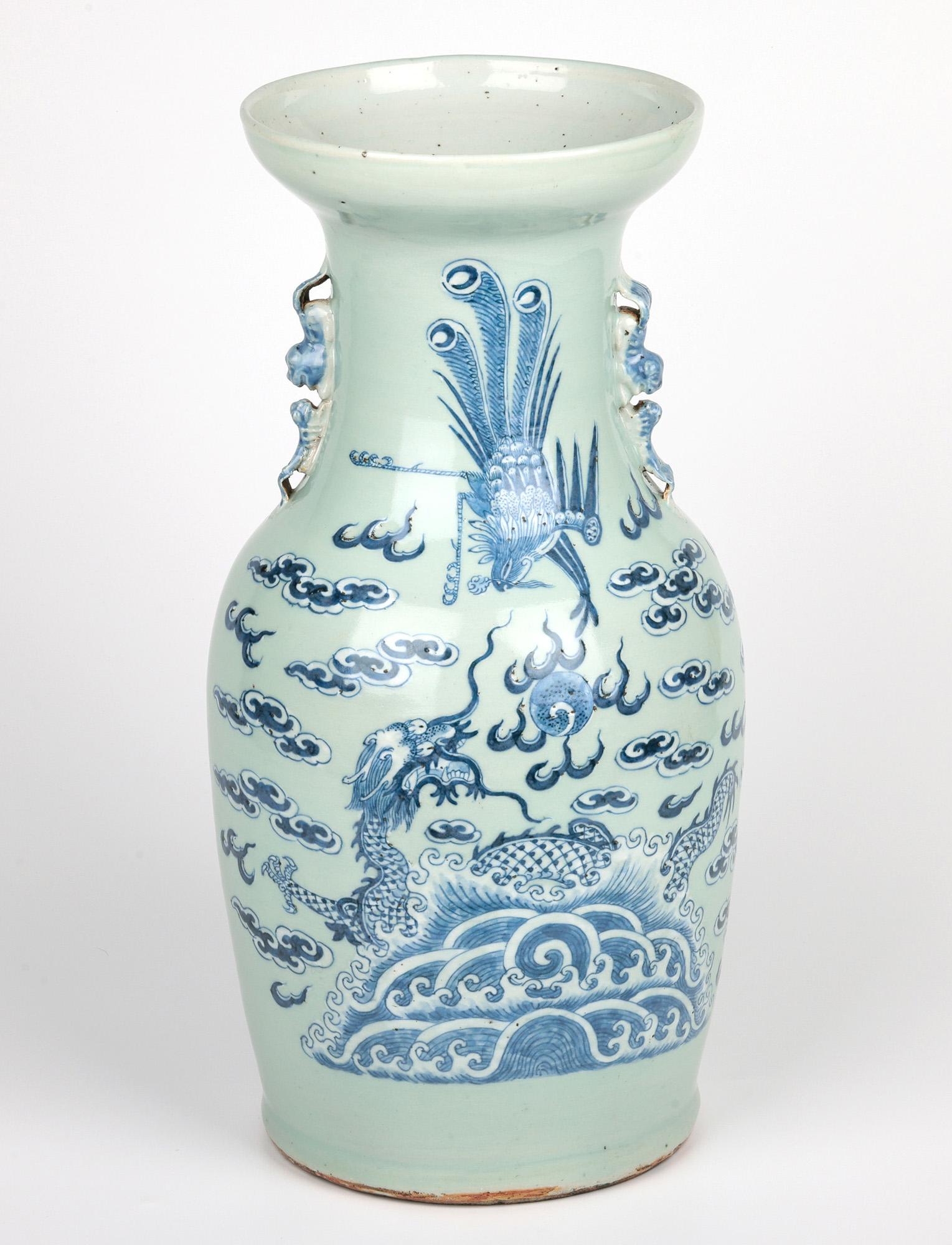 Chinese Large Qing Celadon Ground Porcelain Vase with Dragon & Phoenix Bird For Sale 3