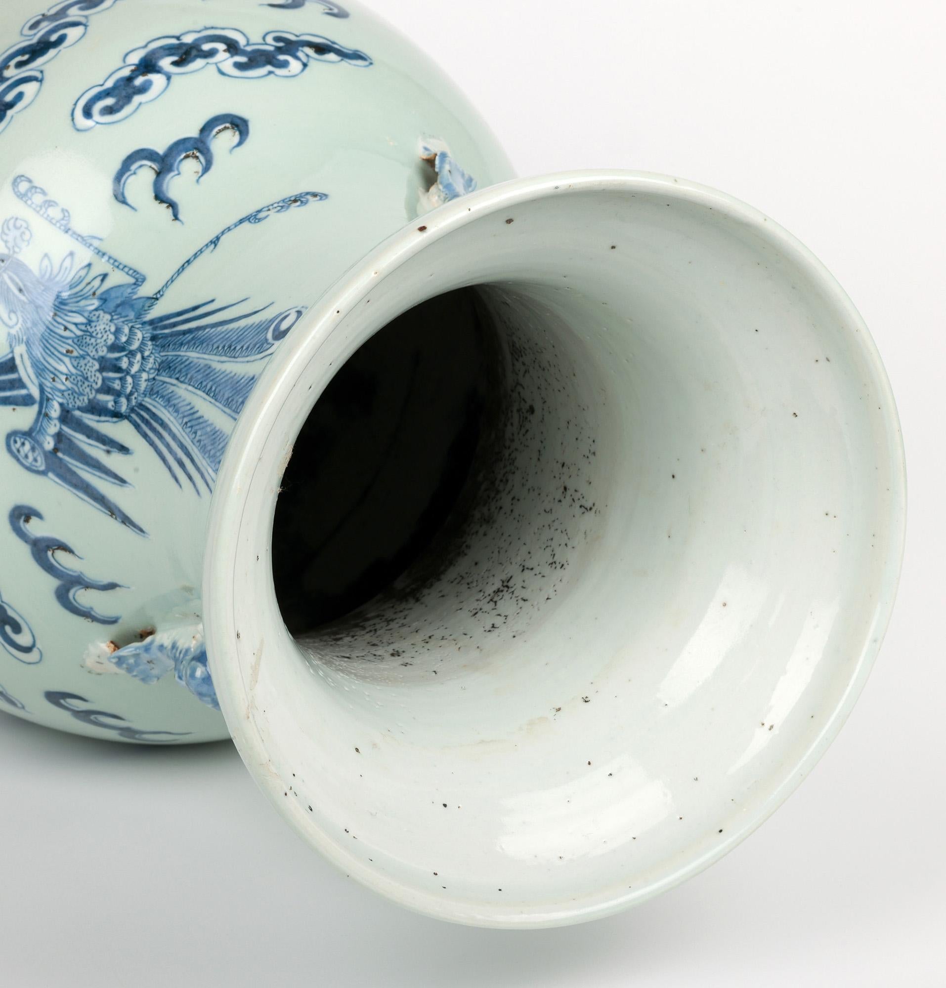 Chinese Large Qing Celadon Ground Porcelain Vase with Dragon & Phoenix Bird For Sale 4