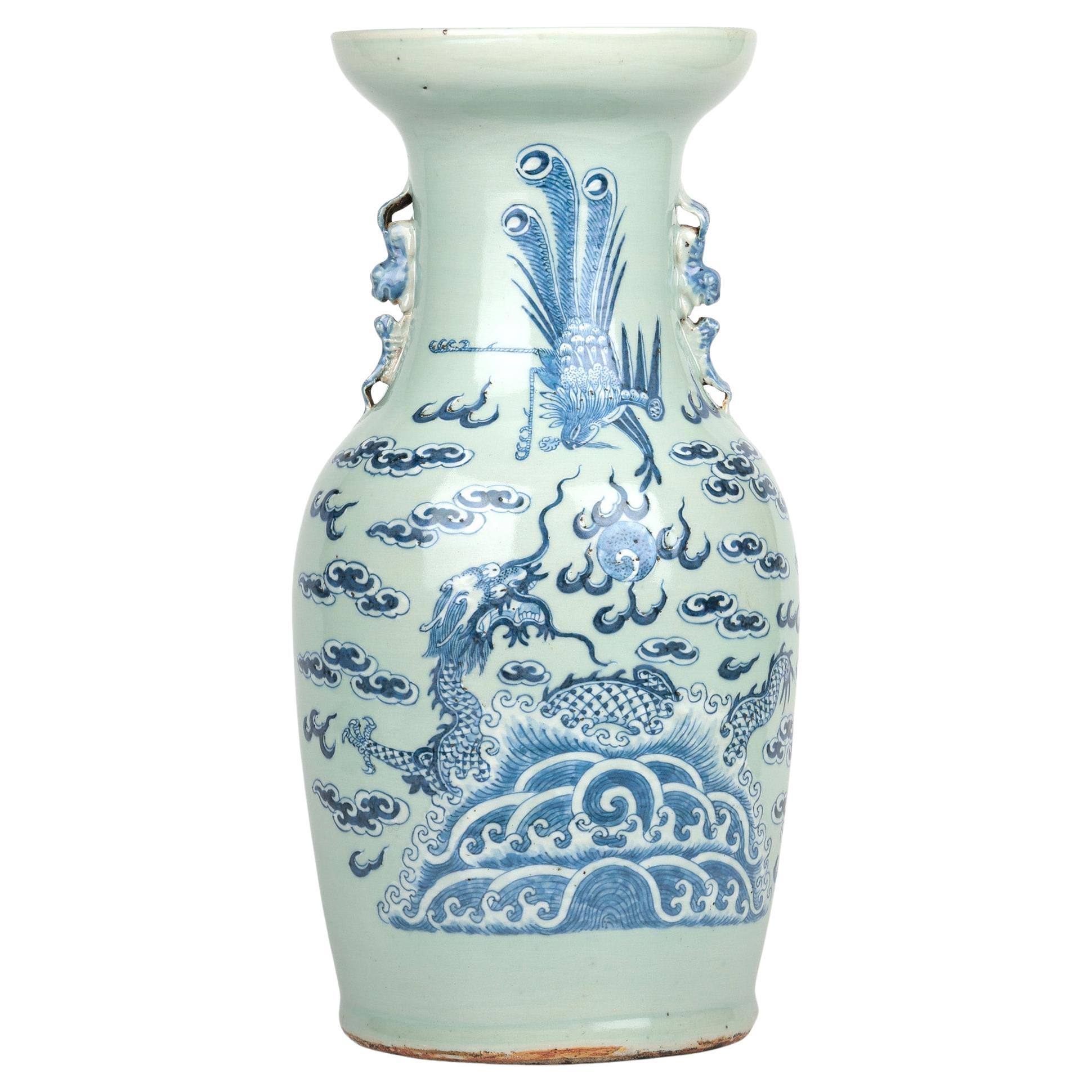 Chinese Large Qing Celadon Ground Porcelain Vase with Dragon & Phoenix Bird For Sale