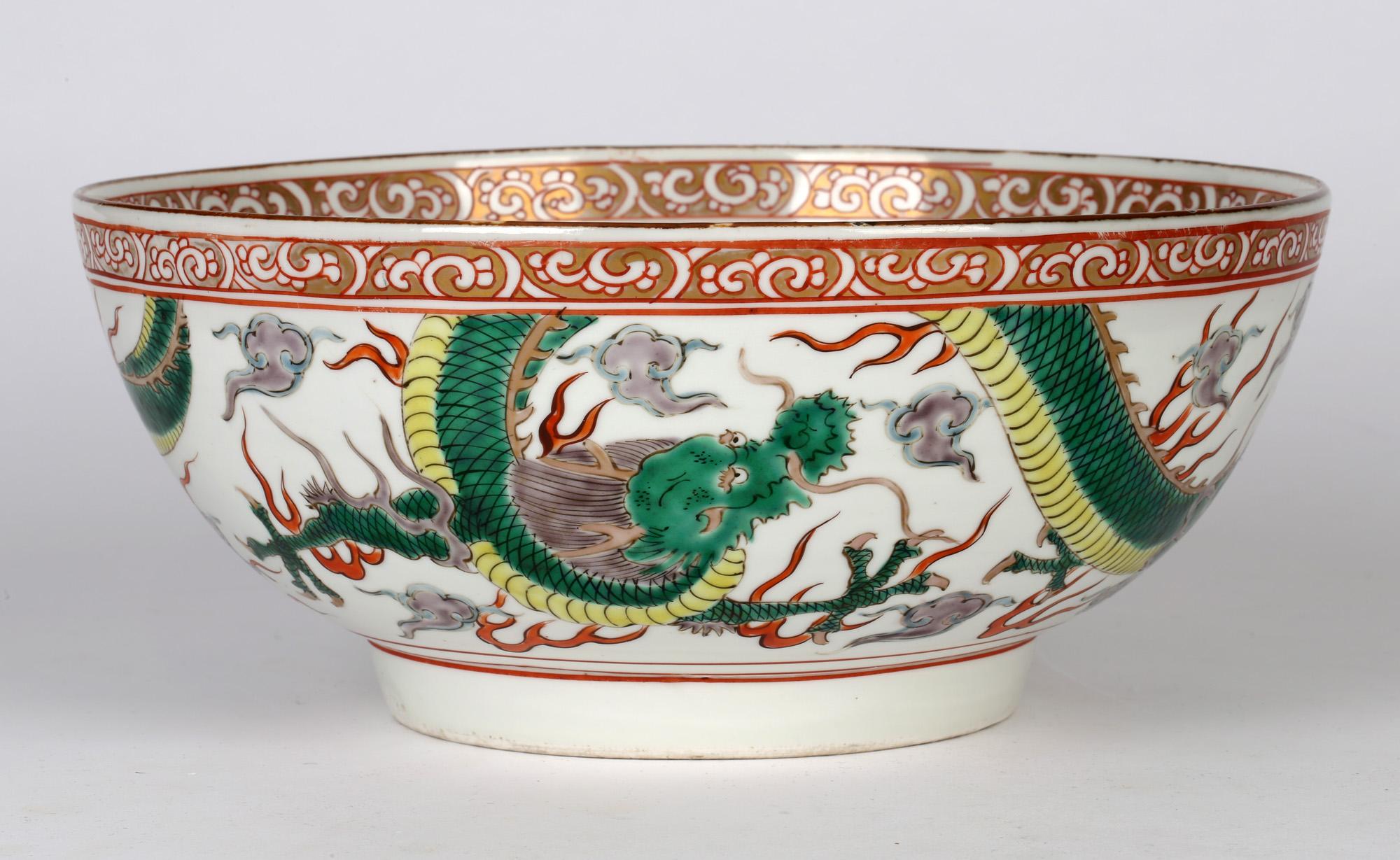 Chinese Large Qing Porcelain Famille Verte Palette Dueling Dragons Punch Bowl 3