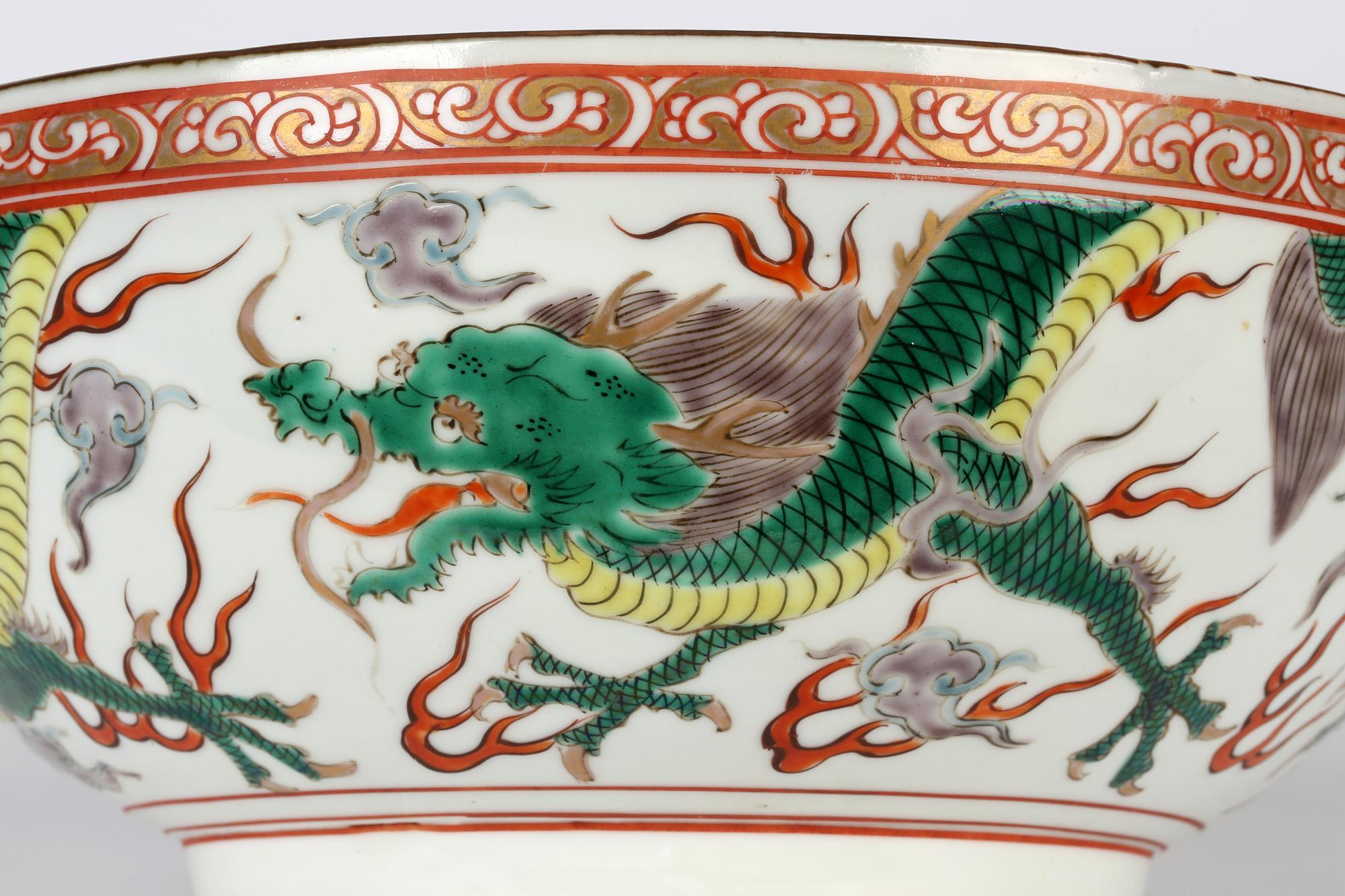 Chinese Large Qing Porcelain Famille Verte Palette Dueling Dragons Punch Bowl 4