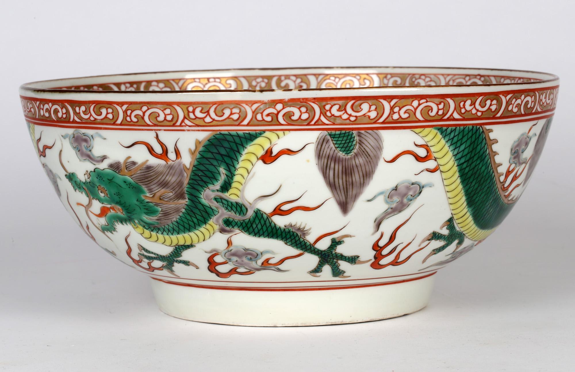 Chinese Large Qing Porcelain Famille Verte Palette Dueling Dragons Punch Bowl 5