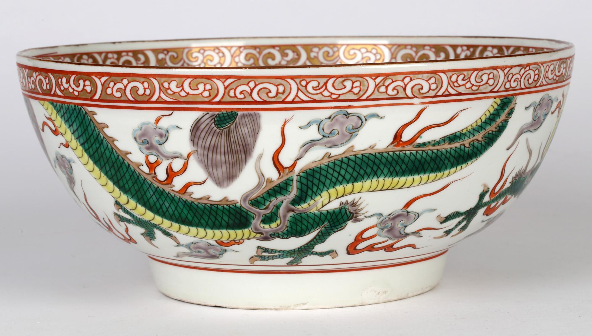 Hand-Painted Chinese Large Qing Porcelain Famille Verte Palette Dueling Dragons Punch Bowl