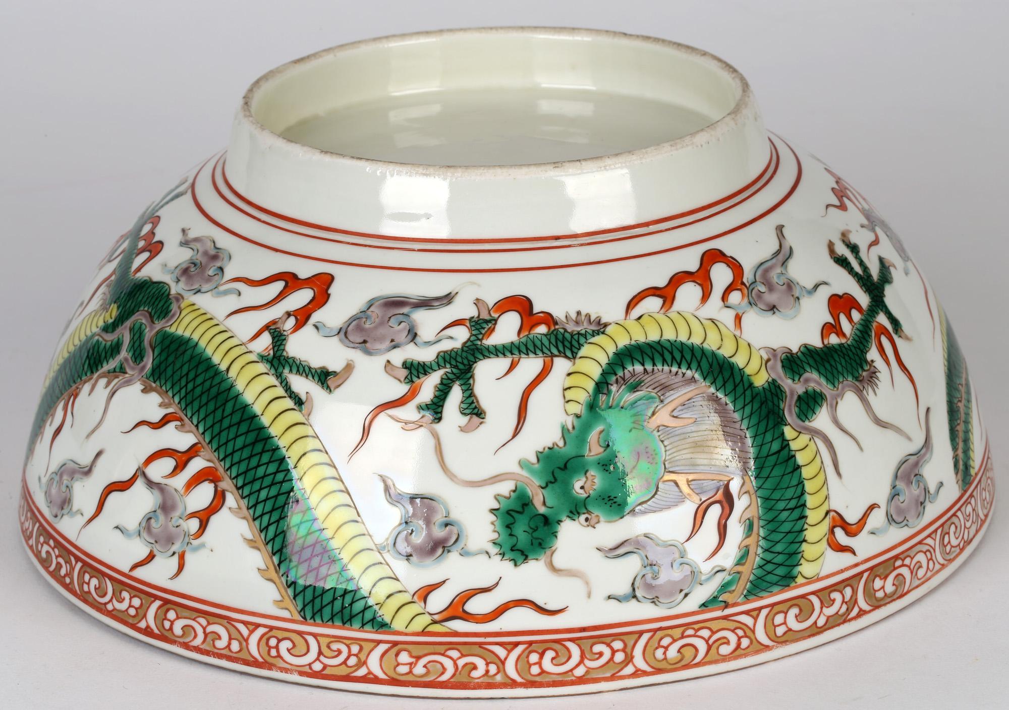19th Century Chinese Large Qing Porcelain Famille Verte Palette Dueling Dragons Punch Bowl