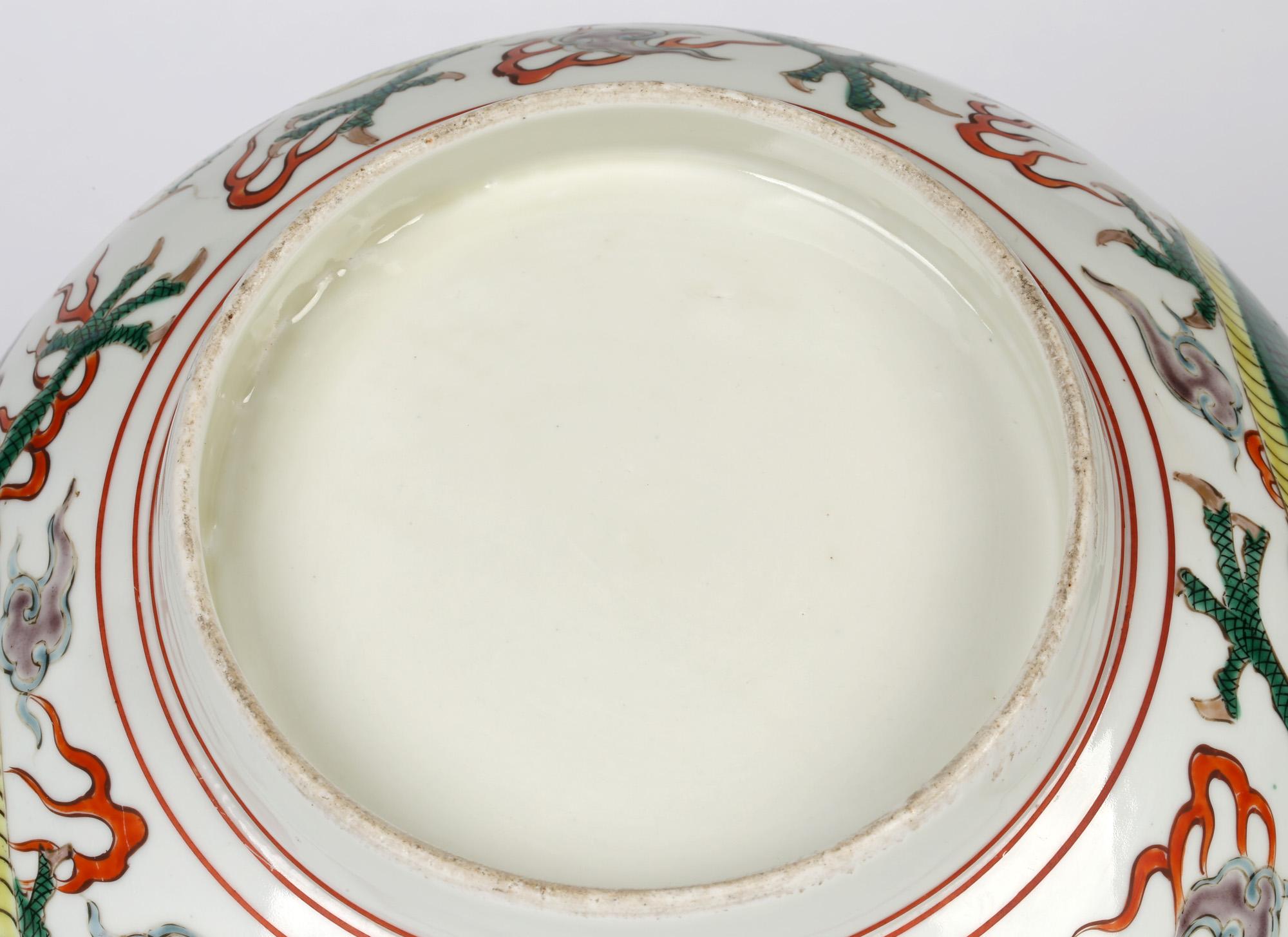 Chinese Large Qing Porcelain Famille Verte Palette Dueling Dragons Punch Bowl 2